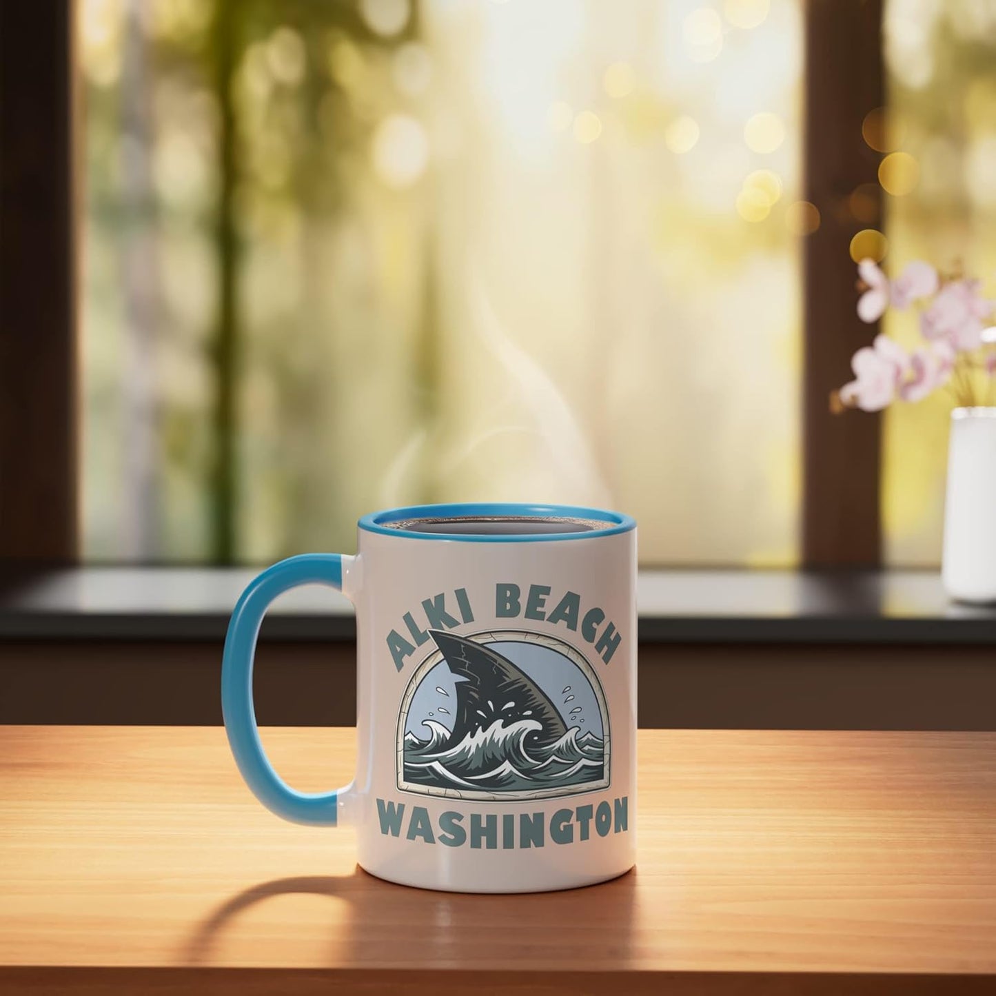 Taza cerámica Alki Beach Washington Shark Fin azul/blanco