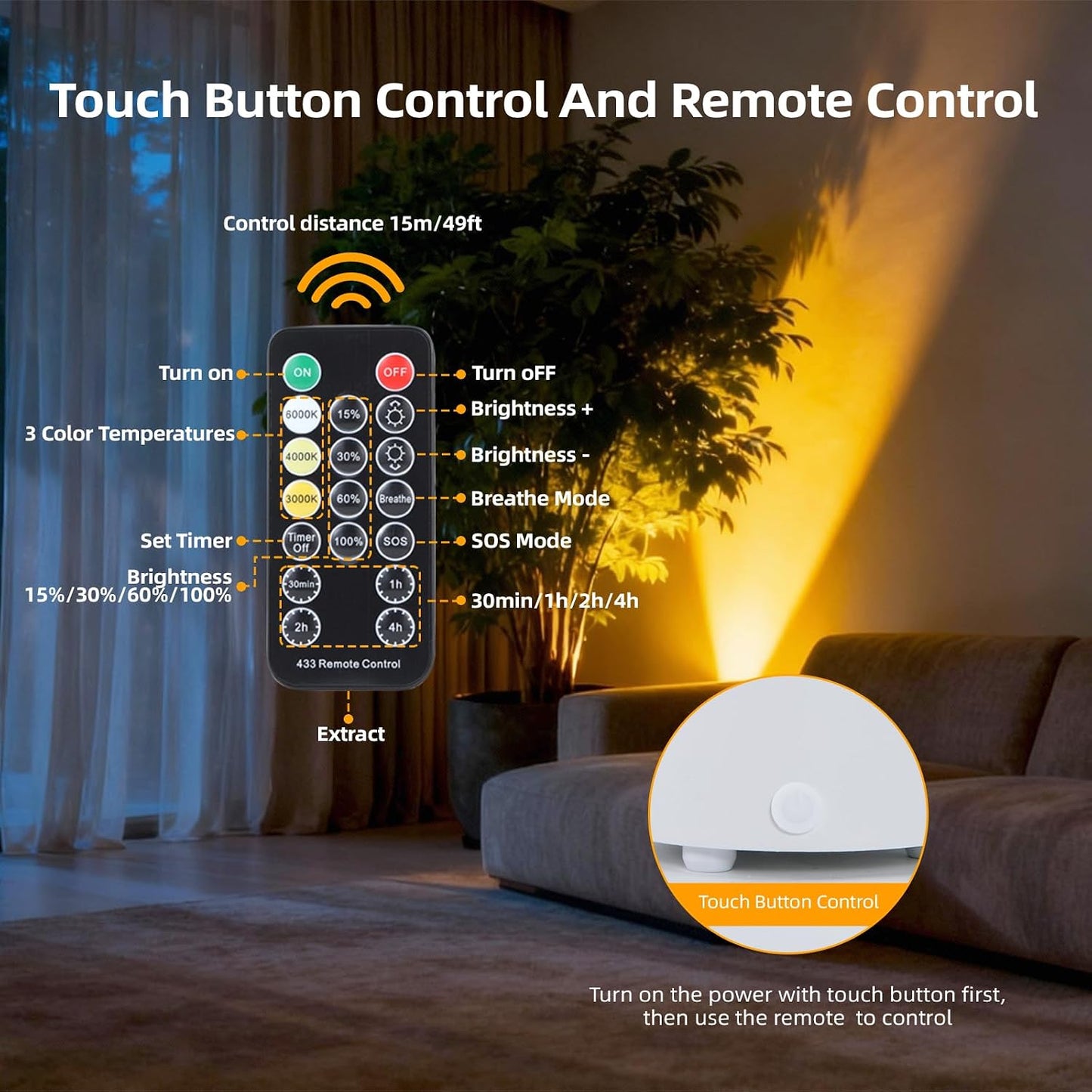 Luz piso inalámbrica LED 6000K con control remoto y 3 temperaturas
