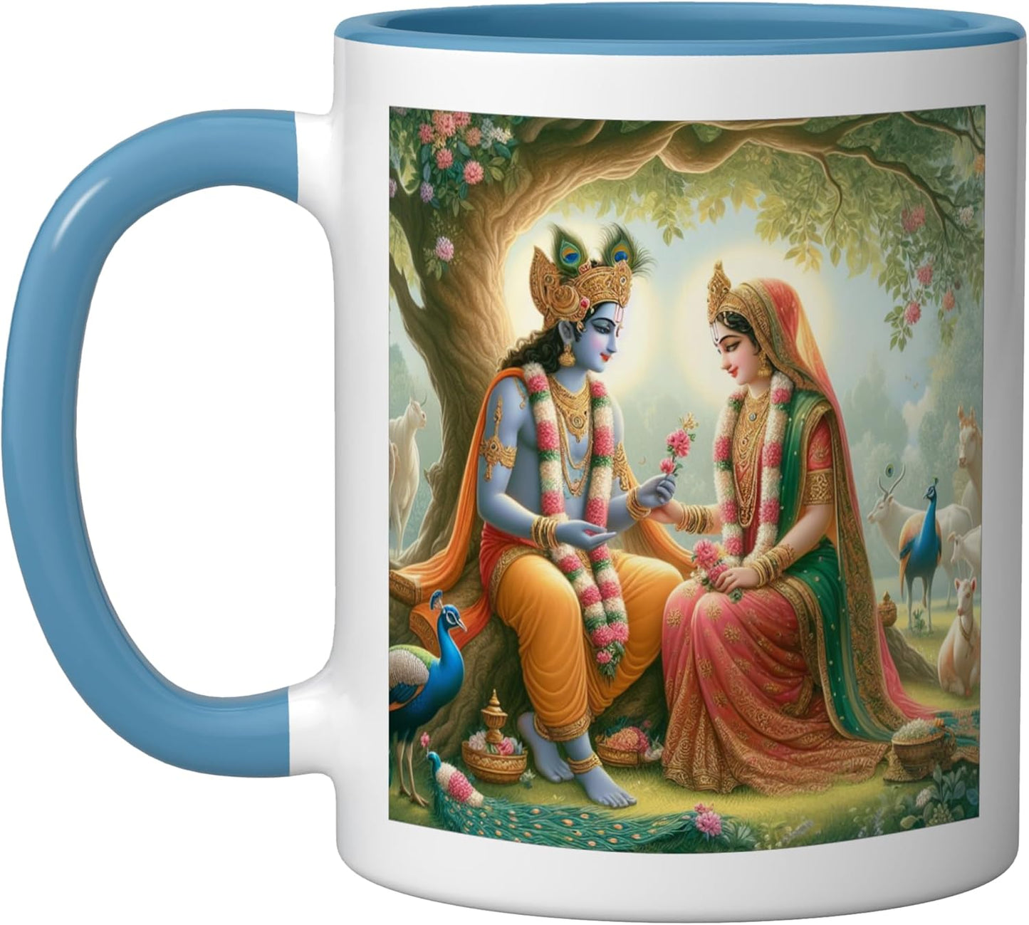 Taza cerámica Radha y Krishna amor azul/blanco