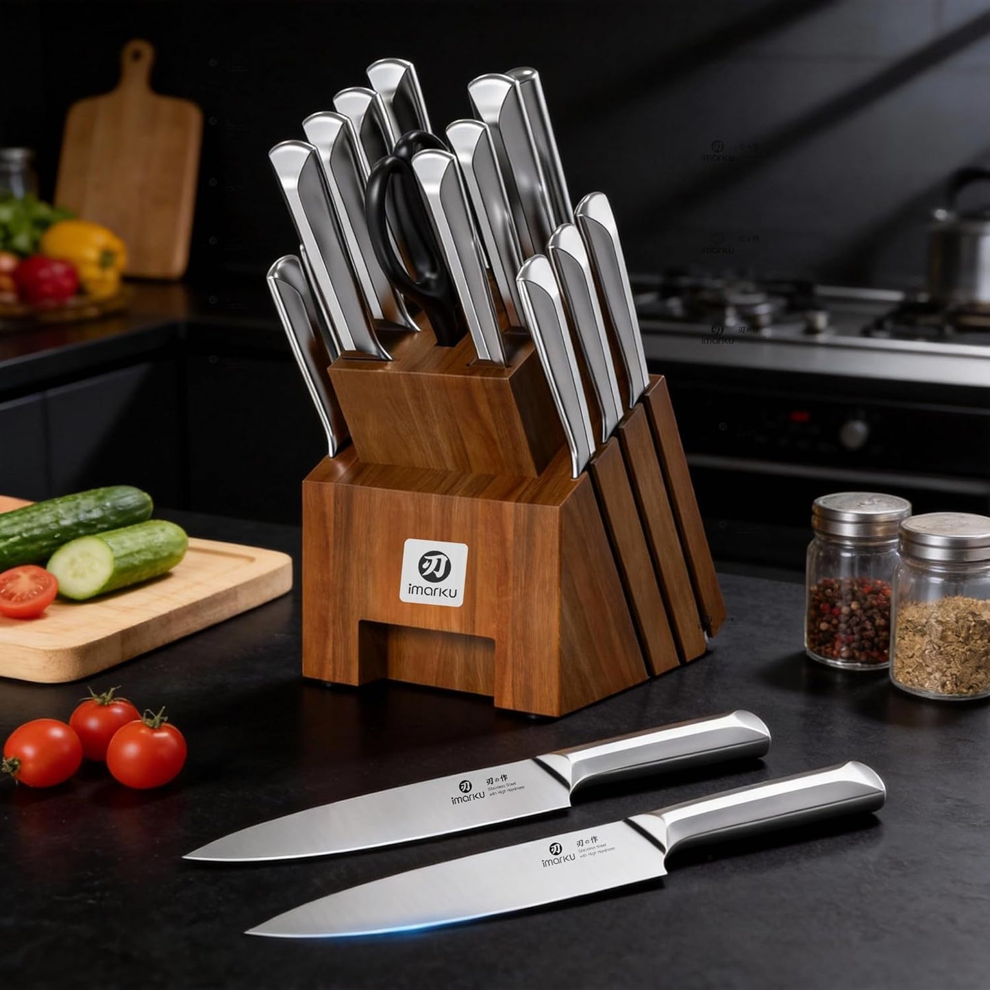 Set 16 Cuchillos Acero Inox Japonés con Bloque y Afilador