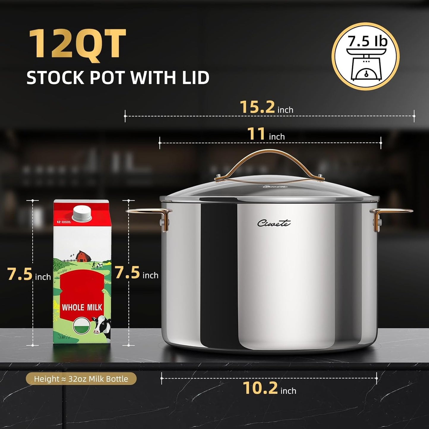 Olla acero inox 3 capas 12qt con tapa mango latón