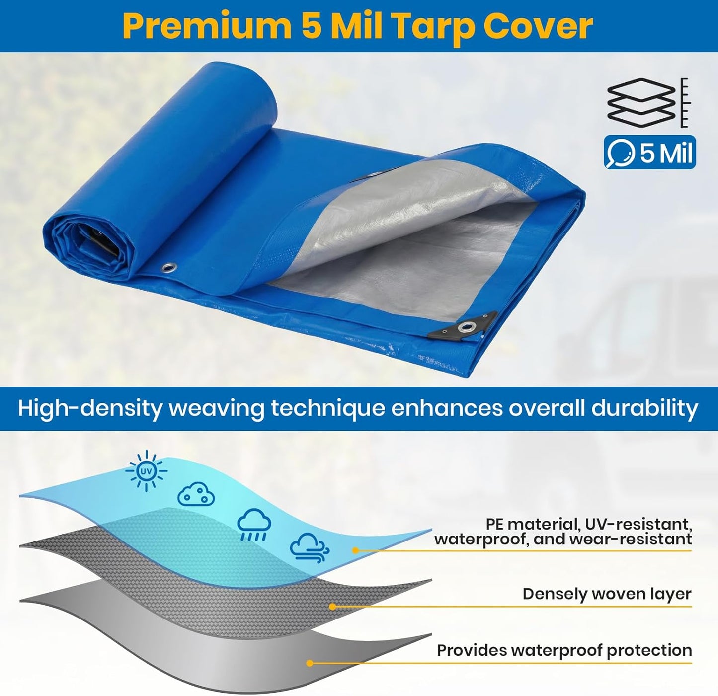 Lona impermeable polietileno 8x10ft 5mil reforzada ojales