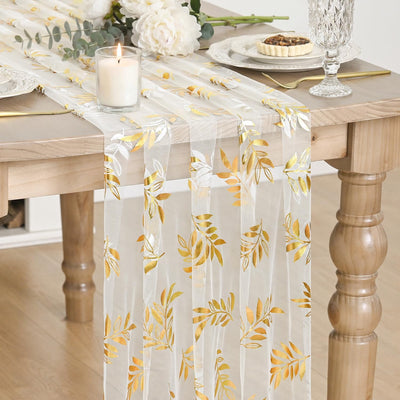 Camino de mesa de gasa beige con hojas doradas 10 pies para comedor y eventos