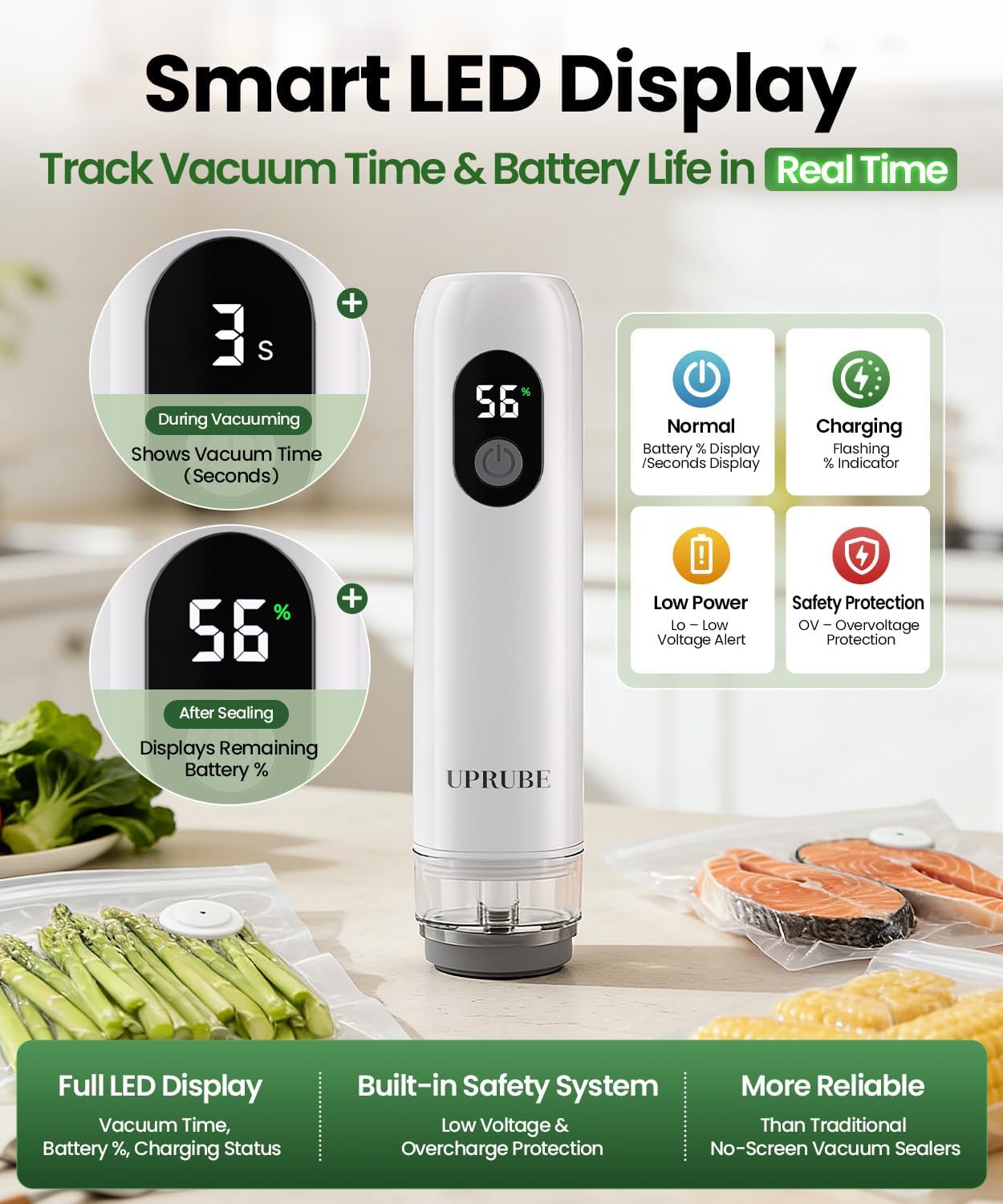 Sellador al vacío compacto para alimentos con 30 bolsas reutilizables y pantalla LED