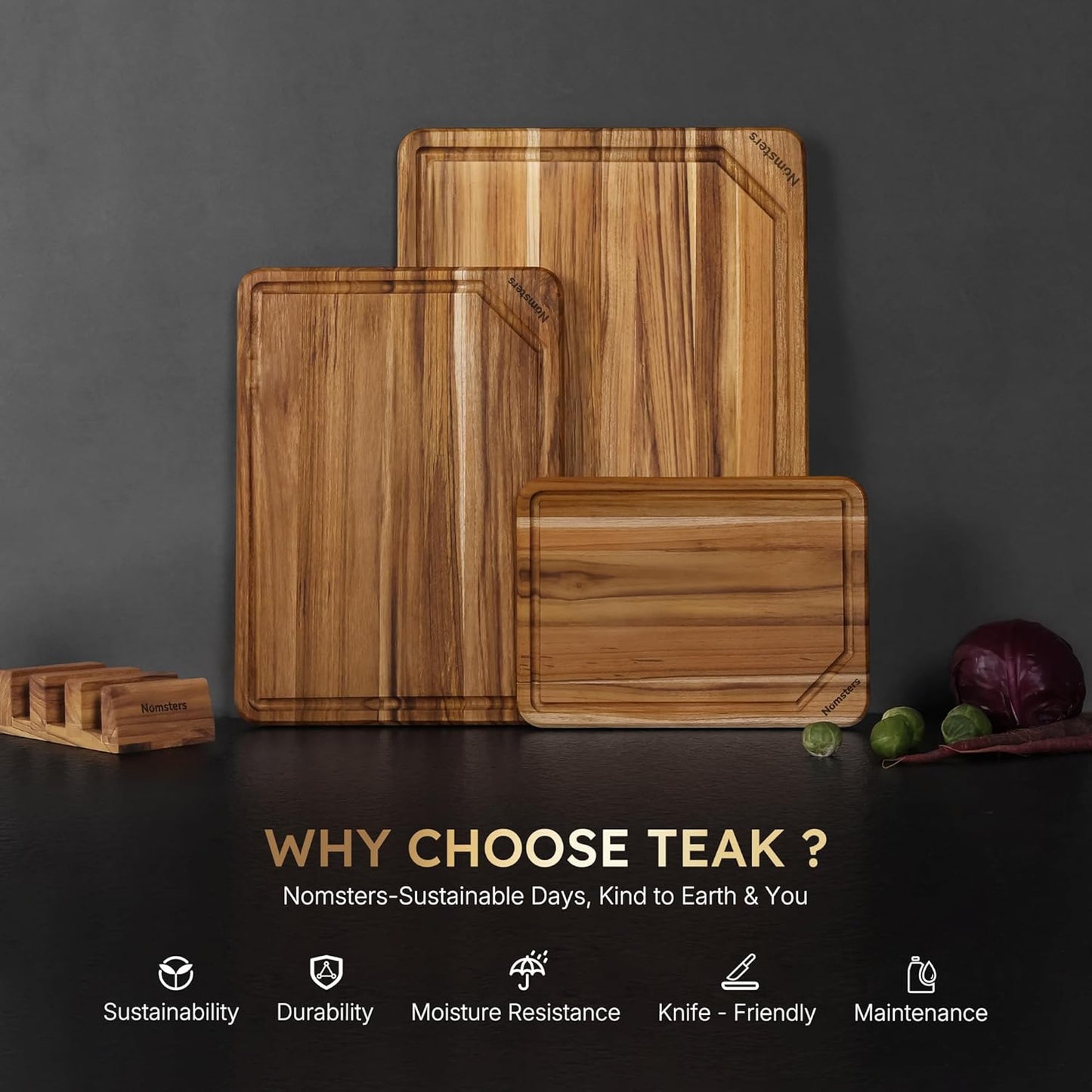 Set 3 Tablas Cortar Madera Teca Soporte Antiderrap Fregadero