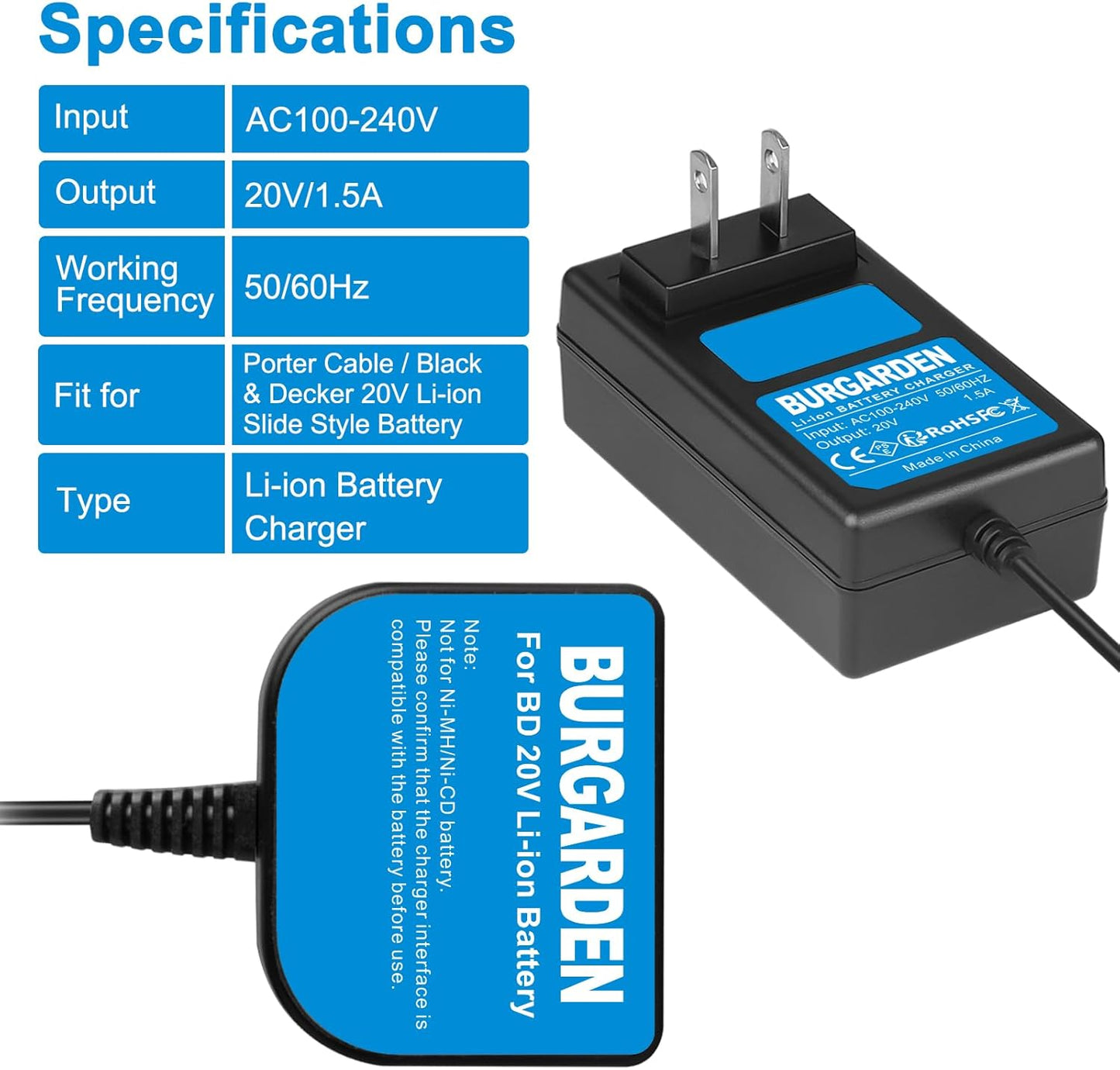 Cargador litio 20V comp batería Black & Decker Porter-Cable