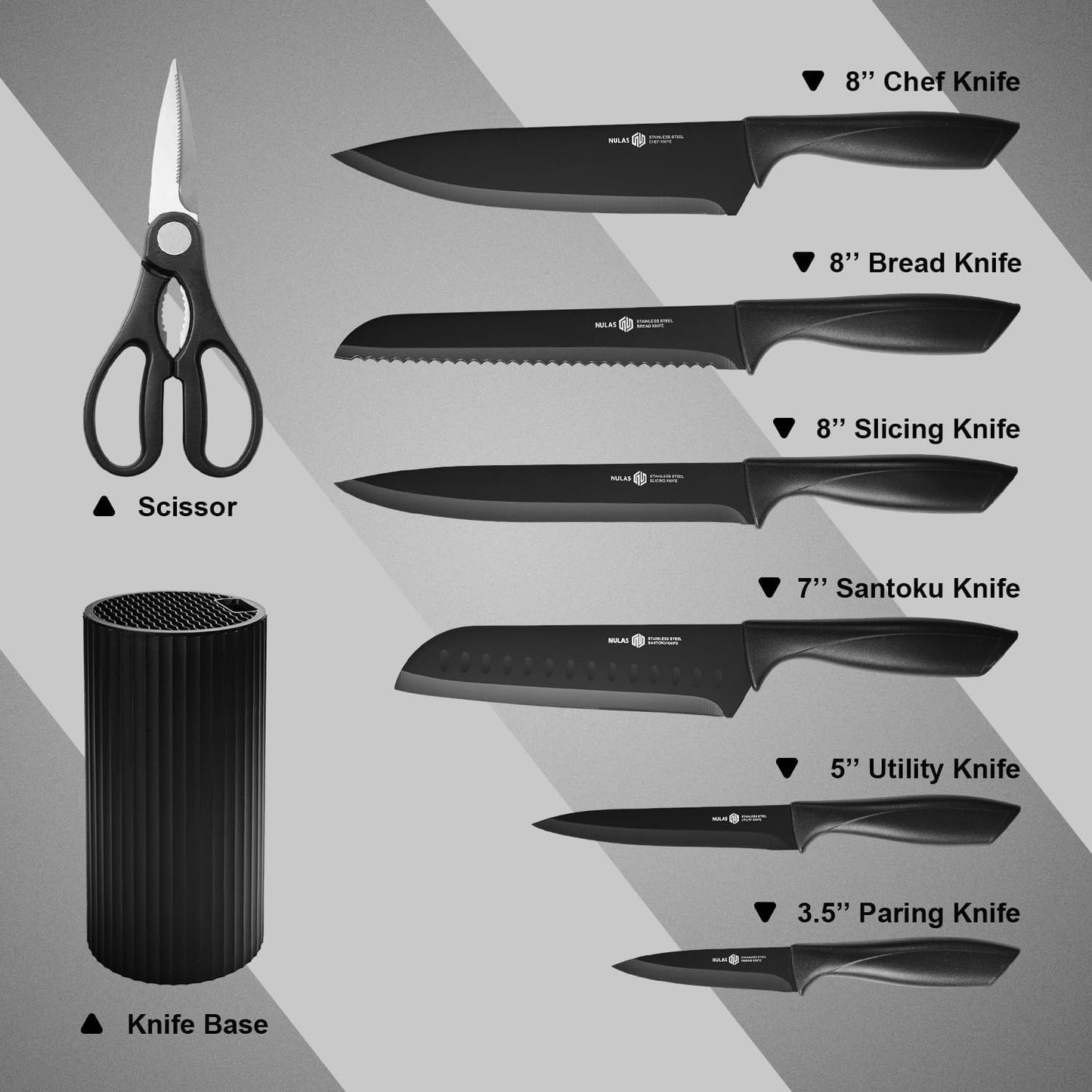 Juego de cuchillos de cocina de 8 piezas negro con bloque universal
