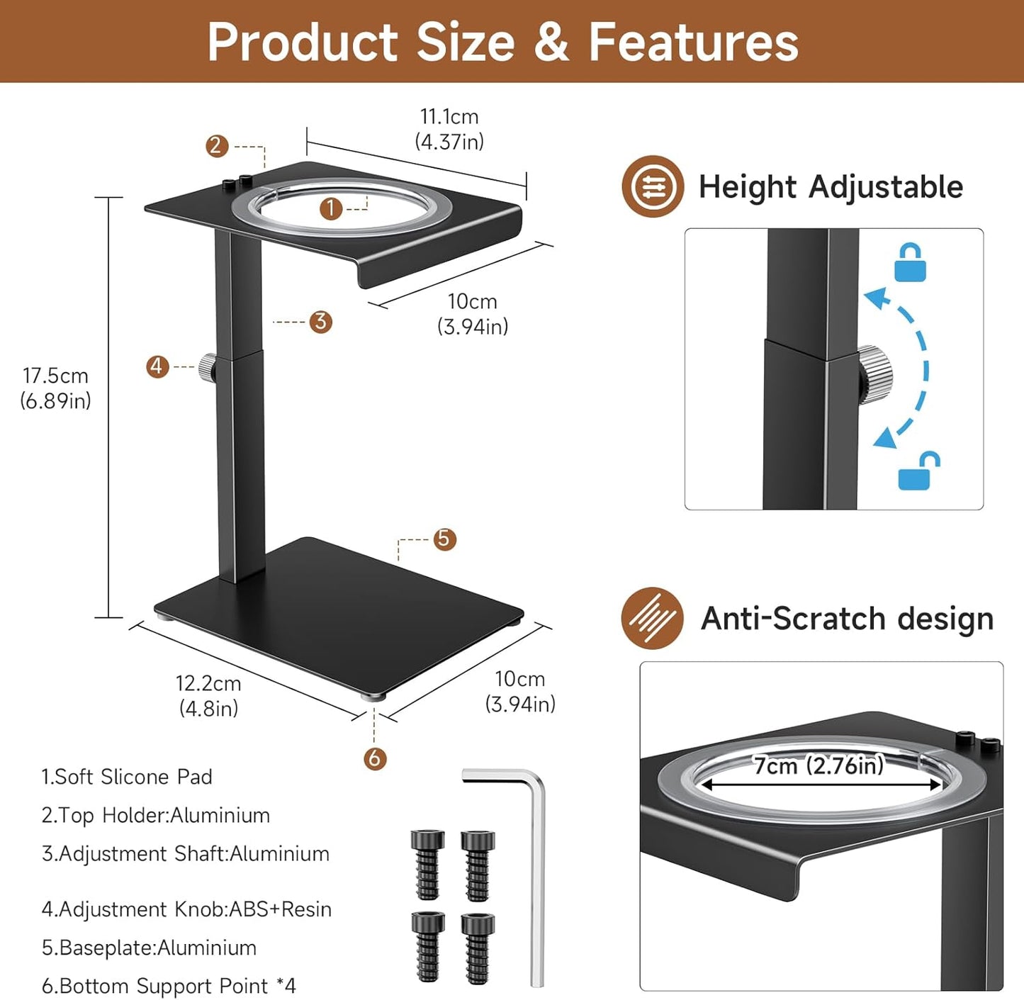 Soporte portátil para cafetera ajustable con base cuadrada negra