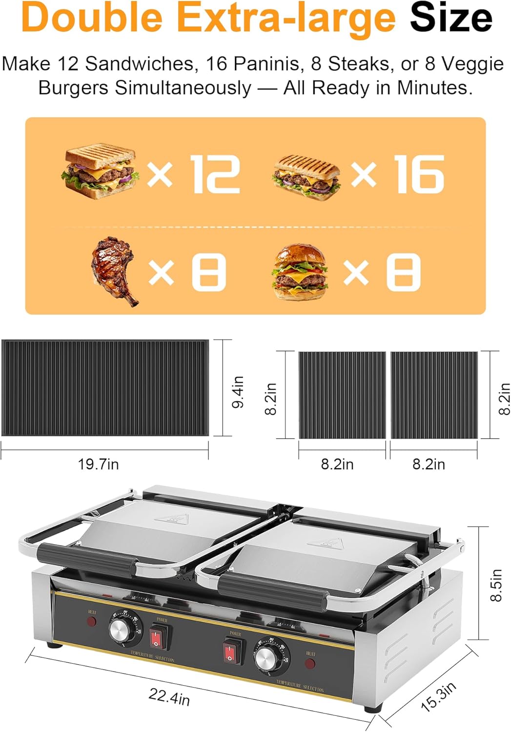Prensa Panini eléctrica 3600W doble cara 19x9pulg