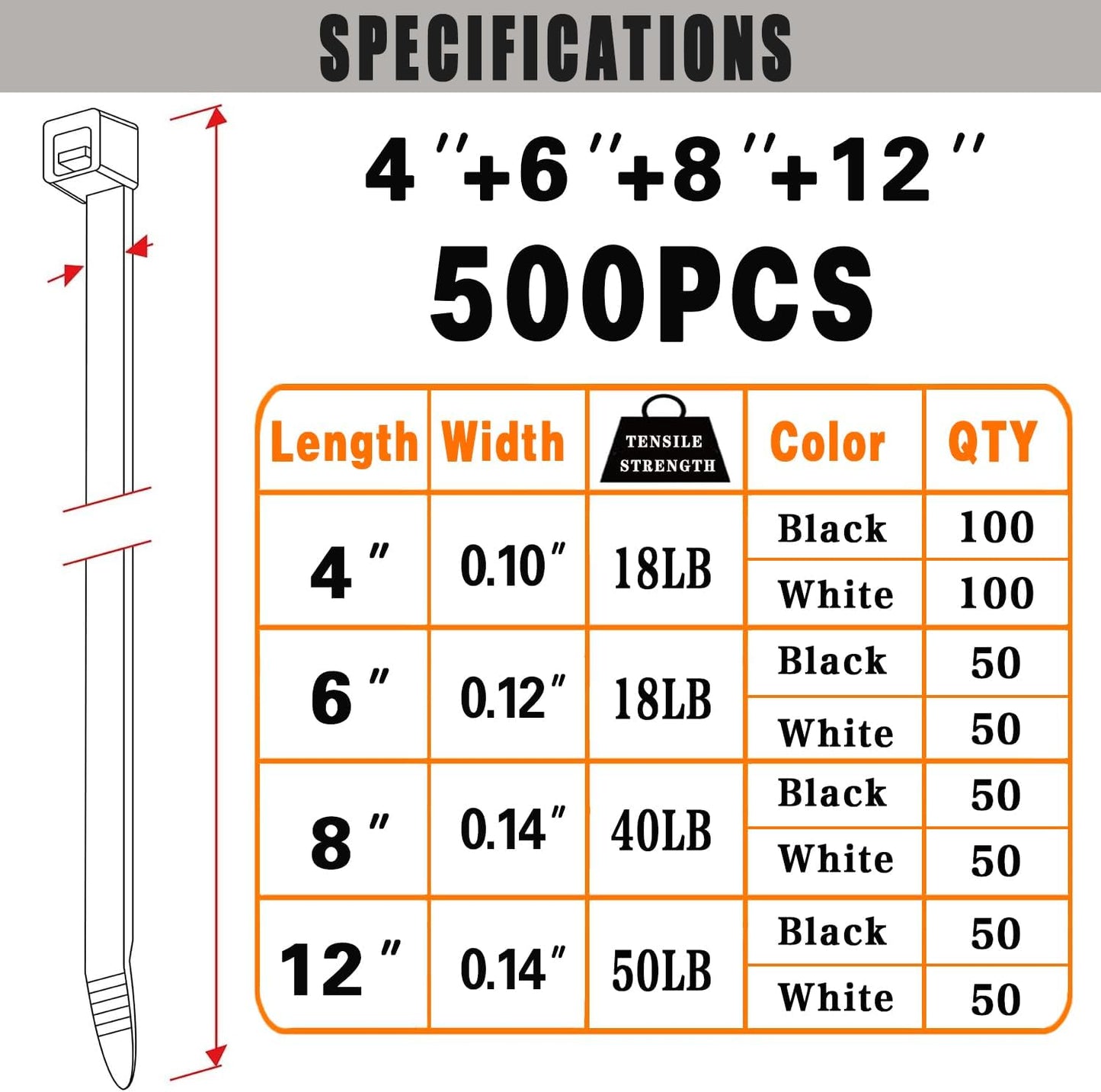 Bridas cables pack 500 negras y blancas tamaños 4/6/8/12 pulg