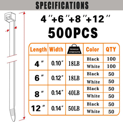 Bridas cables pack 500 negras y blancas tamaños 4/6/8/12 pulg