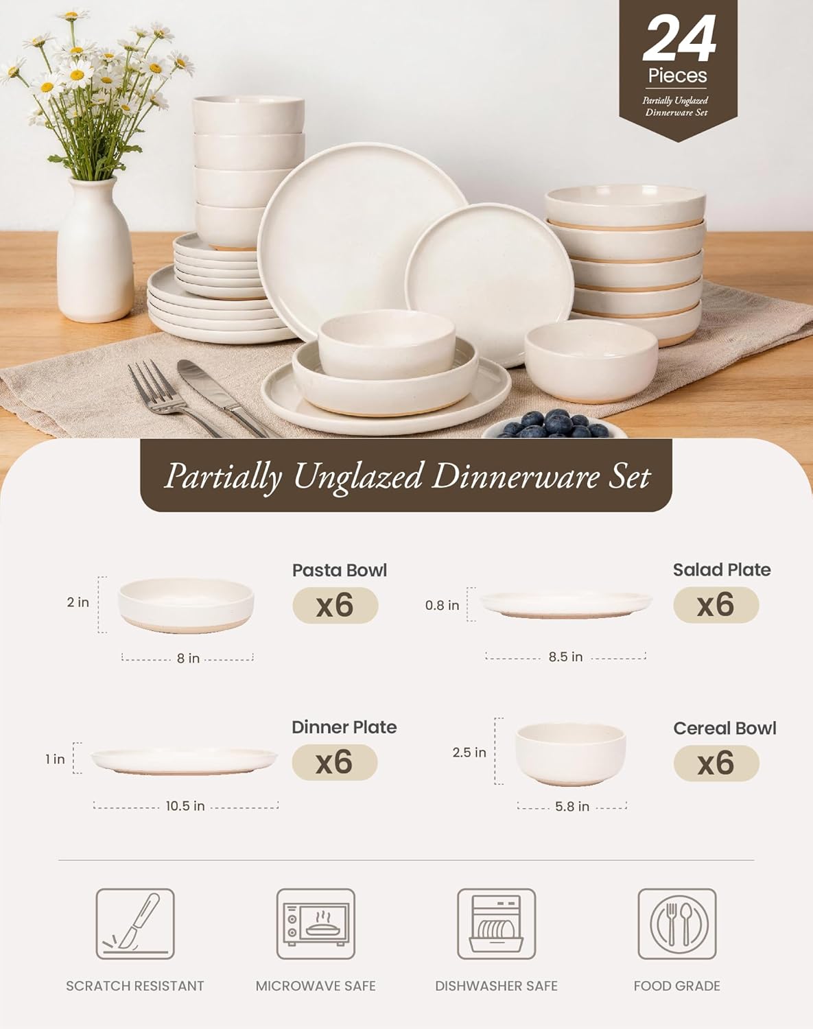 Set 24 Pzas Vajilla Cerámica Base Sin Esmaltar Blanco