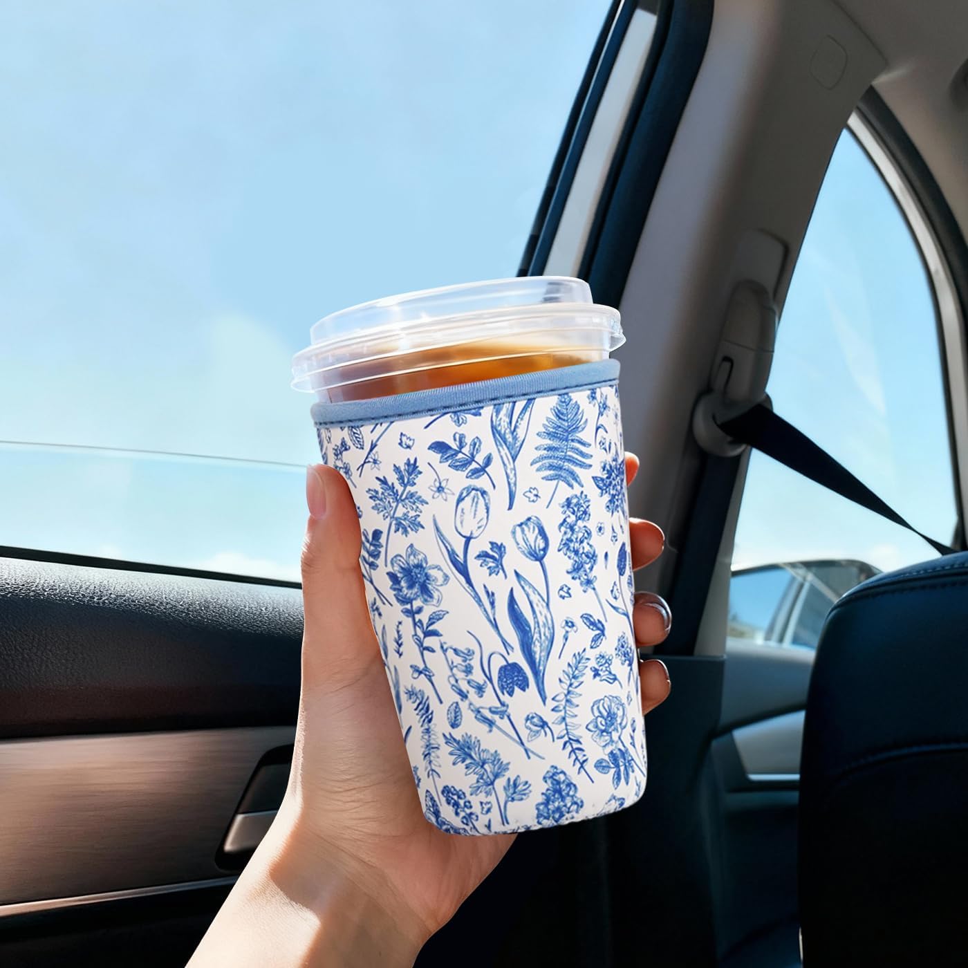 Funda aislante reutiliz. taza café 3pzas flores azul