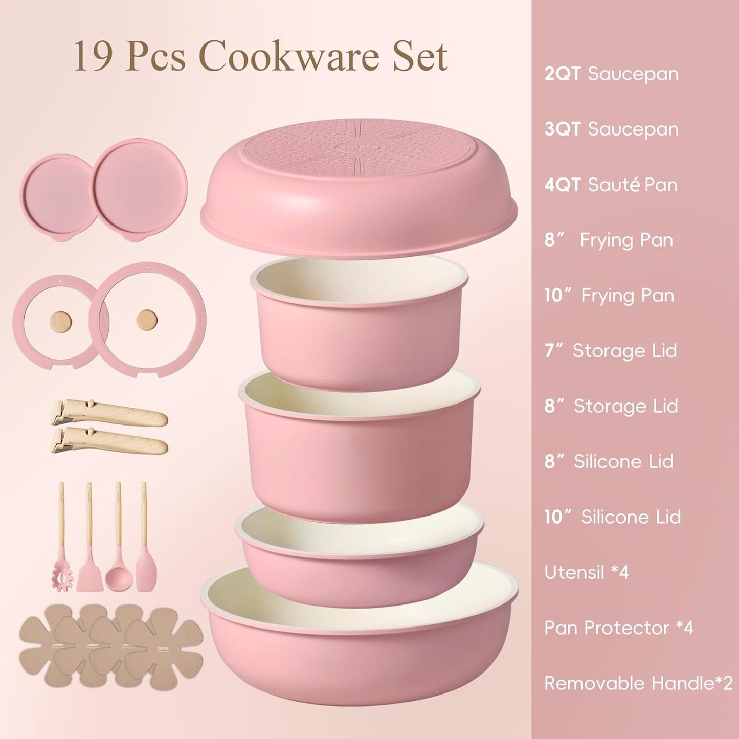 Set 19 Pzas Ollas Sartenes Antiadherente Mango Extraible Rosa
