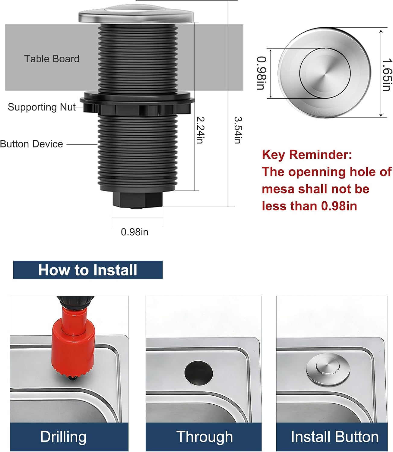 Kit interruptor aire repuesto para InSinkErator acero inox