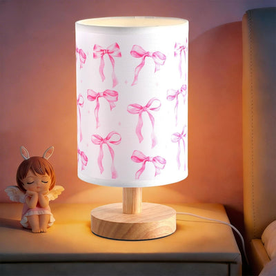 Lámpara mesa lazo rosa para niños LED dormitorio con mesita lino
