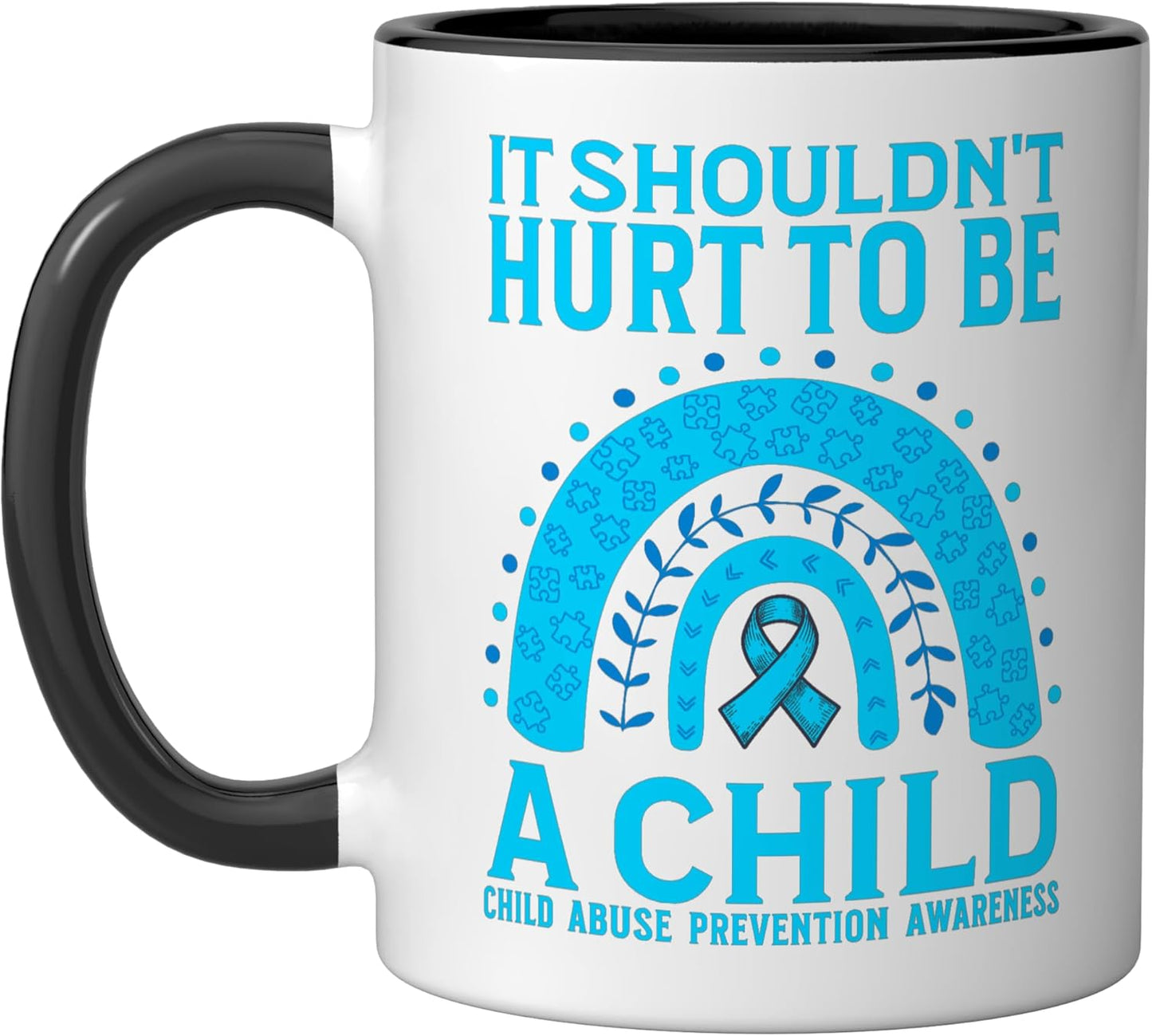 Taza cerámica para conciencia sobre abuso infantil negro/blanco