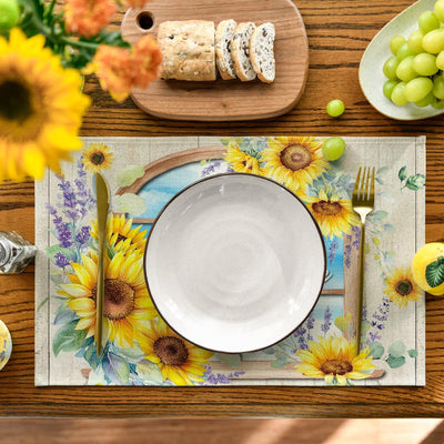 Mantel de verano con girasoles y cielo azul 12x18"