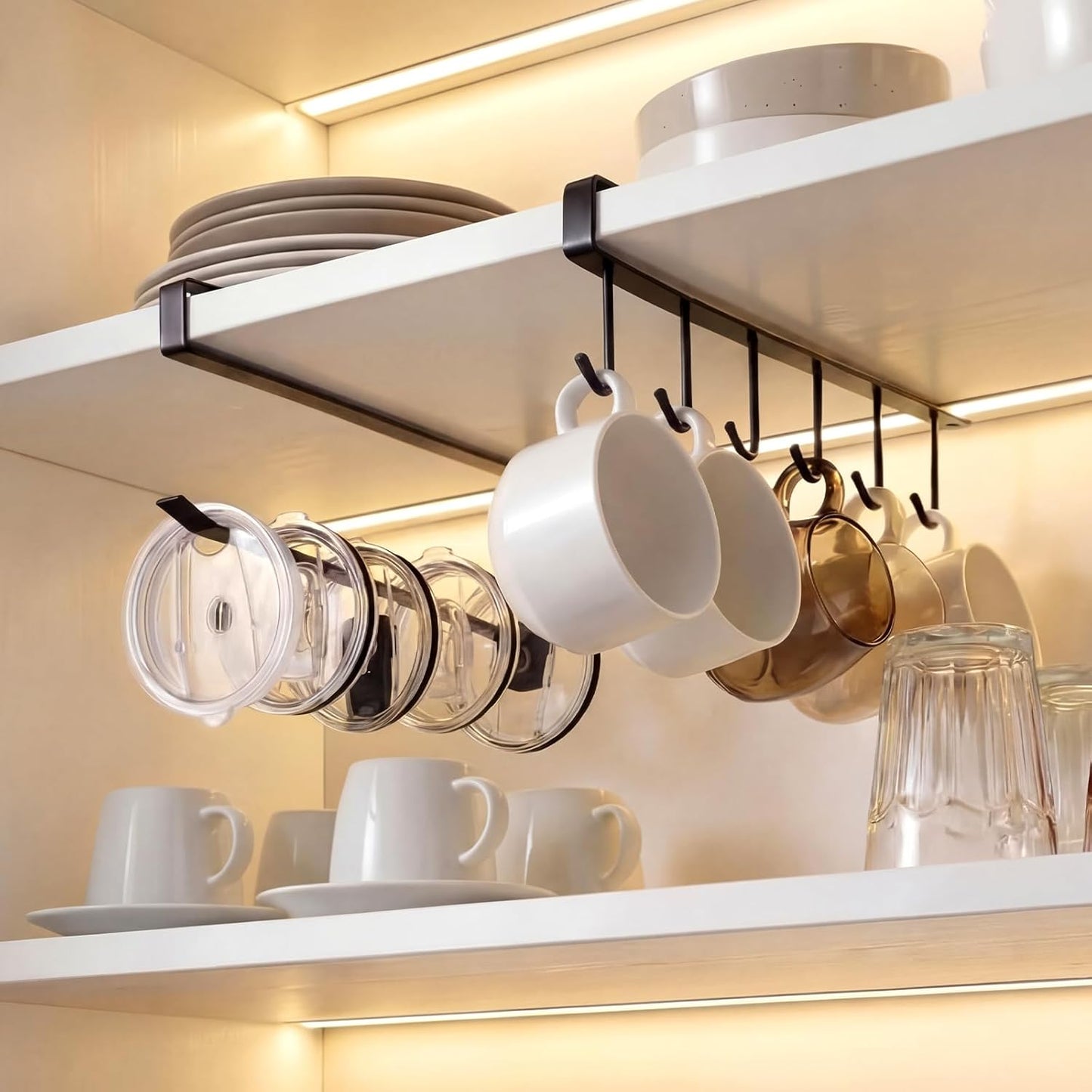 Ganchos negros para tazas con tapas de vaso, organizador de cocina
