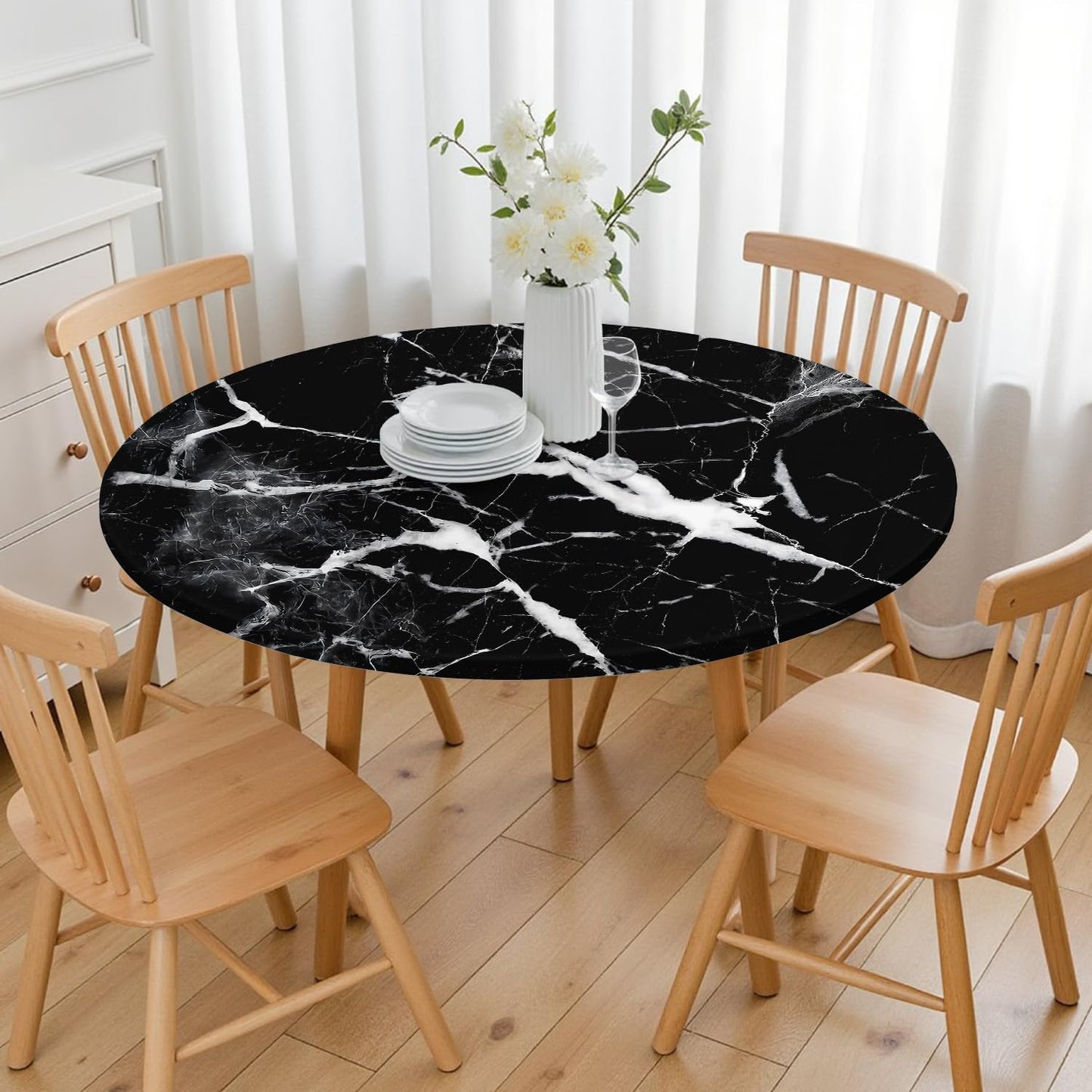 Protector de mesa redondo 44 pulgadas blanco y negro para cocina y picnic
