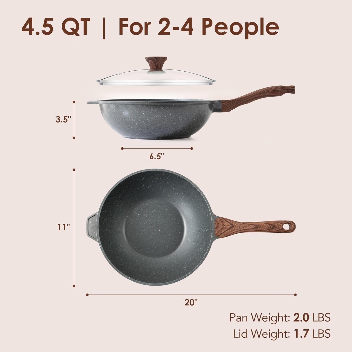 Sartén antiadherente para wok con tapa 4.5 cuartos de galón
