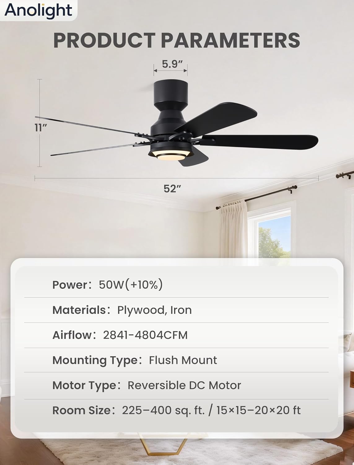 Ventilador techo 52pulg luz LED 6 vel rev motor silencioso