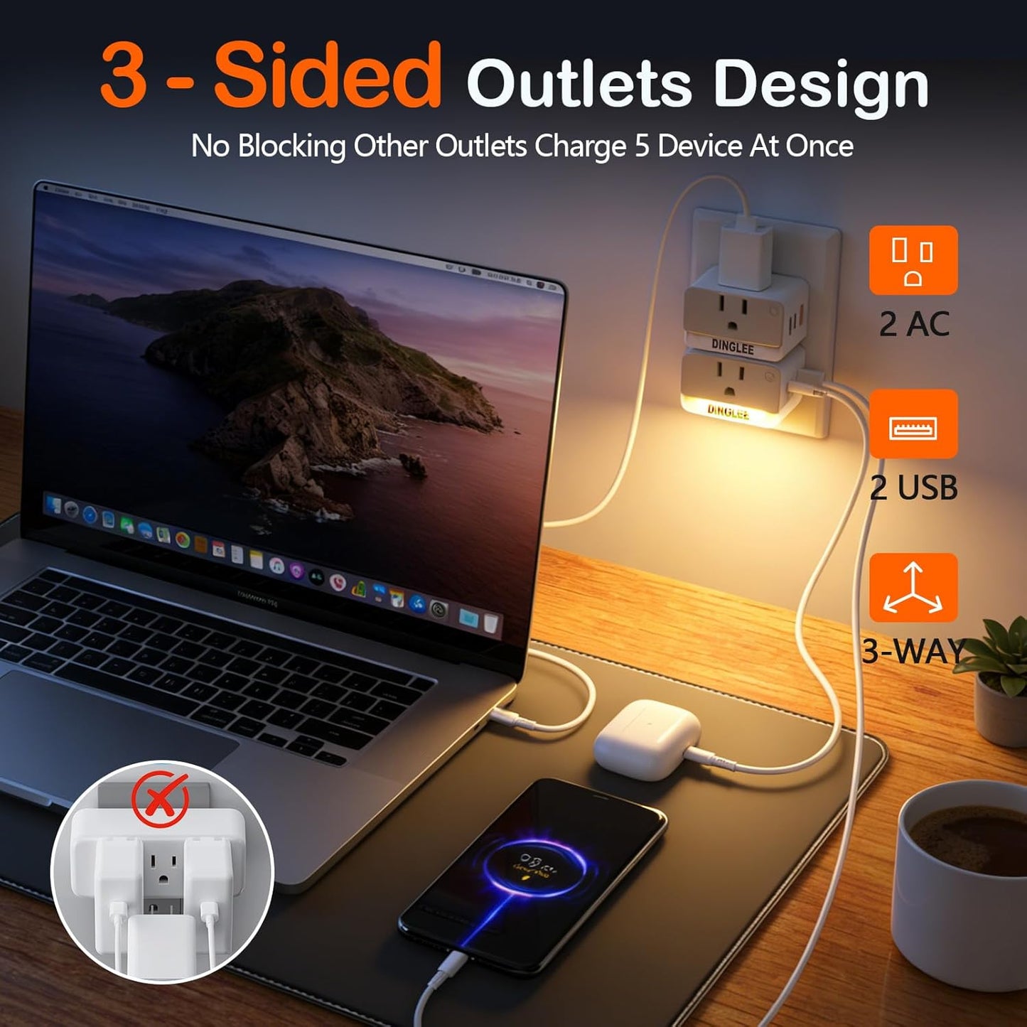 Extensor salida 2 tomas AC 2 USB PD 20W con luz para cocina baño
