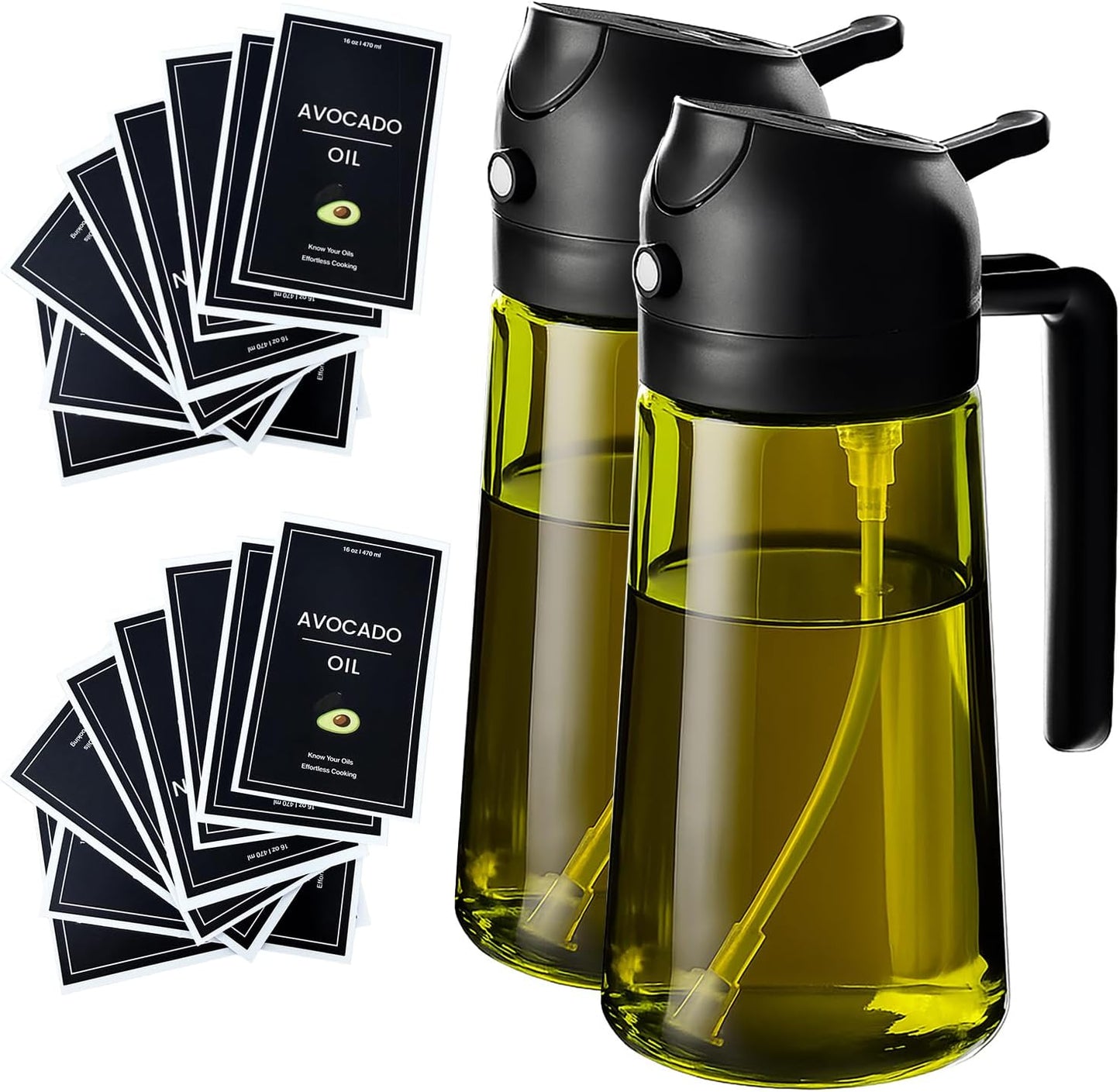 Spray aceite 470ml vidrio con etiquetas 16 pzas negro