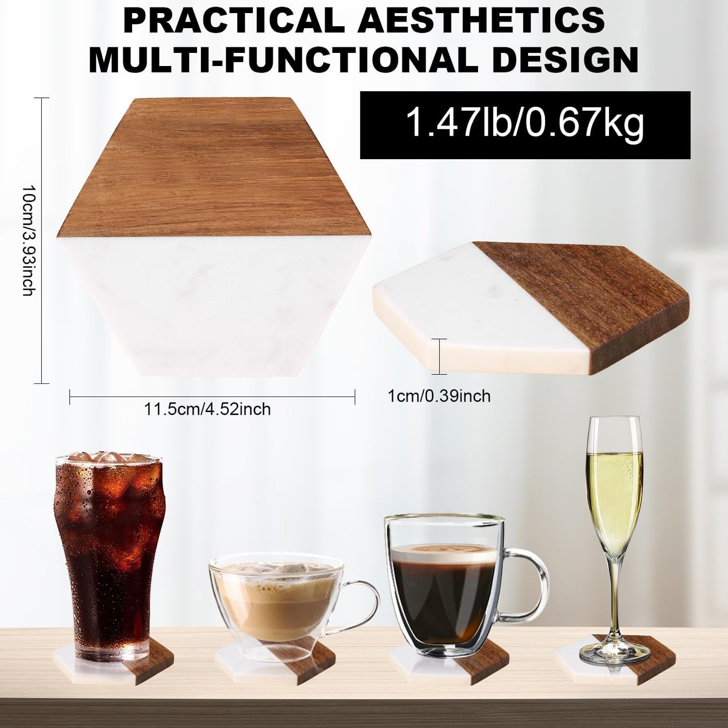 Juego de 4 posavasos de madera de mármol blanco divertidos y lindos