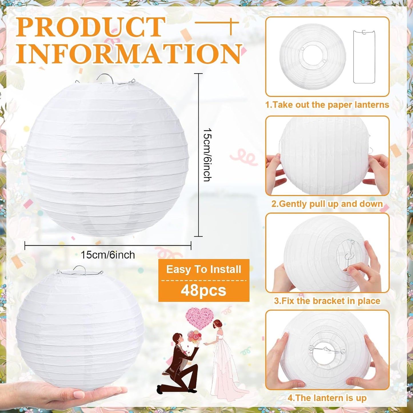 Set 48 Faroles Papel Blanco Colgantes 6pulg