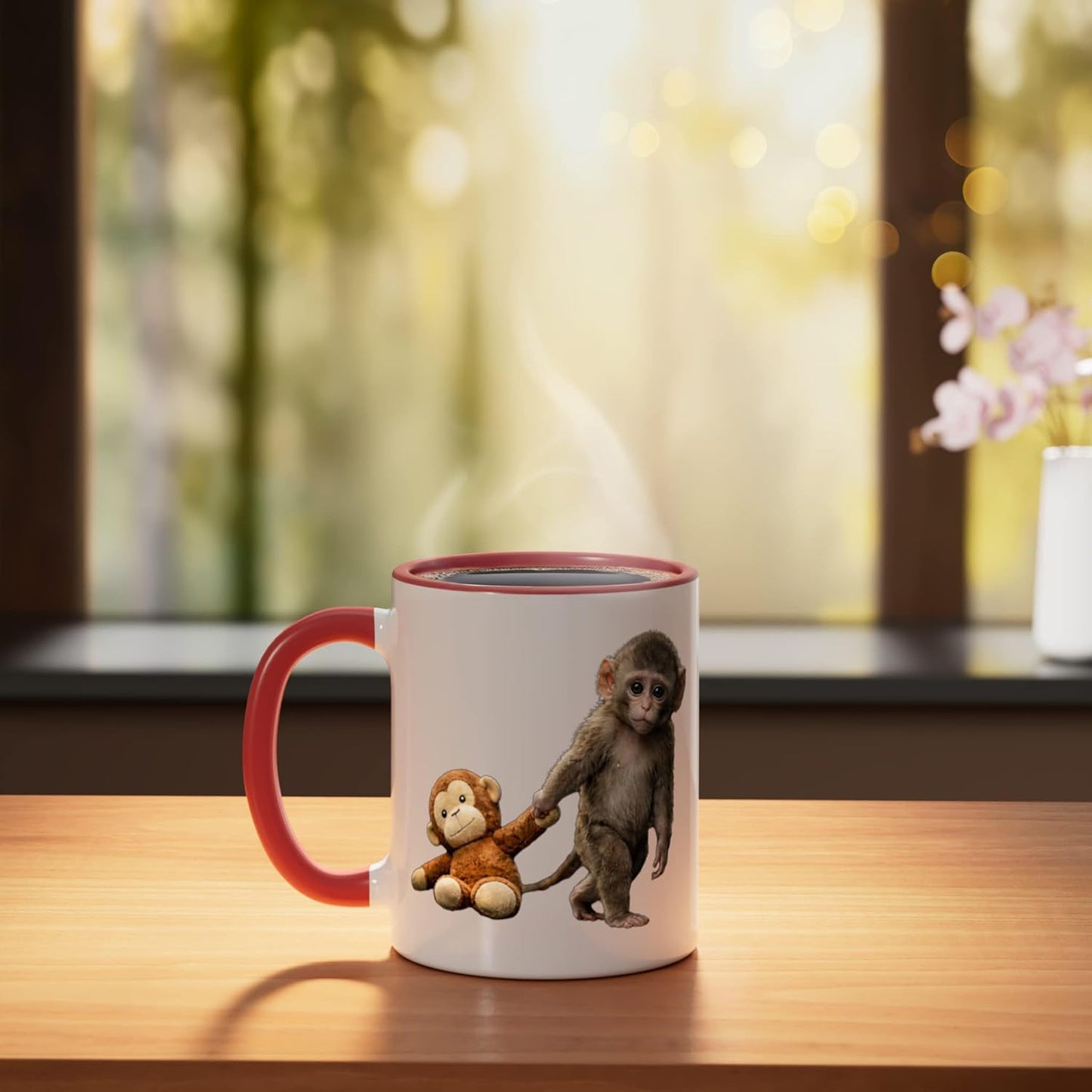 Taza de cerámica con diseño de mono japonés Baby Monkey Punch roja y blanca