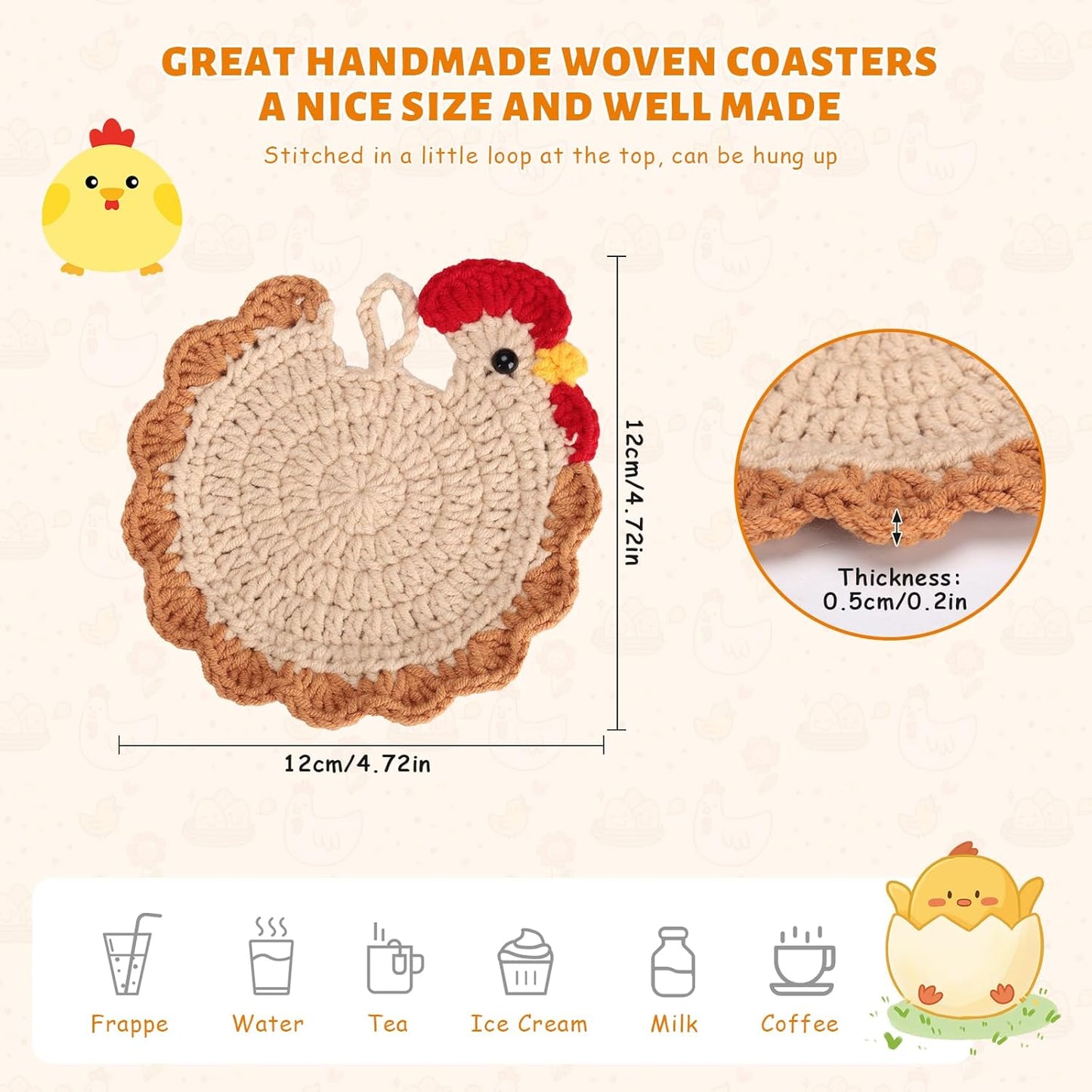 Posavasos de pollo hechos a mano de algodón para bebidas, juego de 4