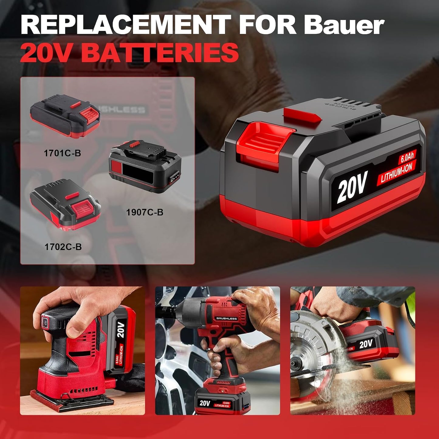 2 Unids Batería Litio 6.0Ah 20V Comp Herramientas Bauer