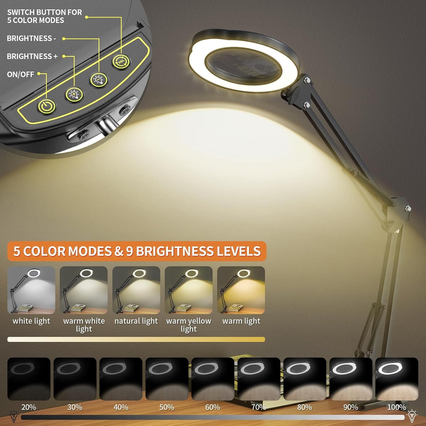 Lupa 10x15X con luz soporte 5 modos 9 brillo