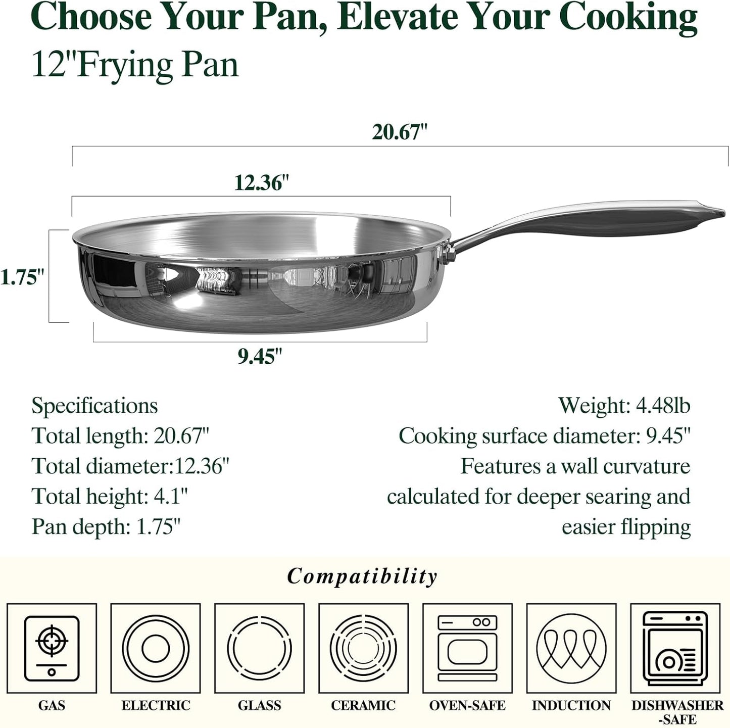 Sartén acero inox 5 capas 12pulg no tóxica compatible inducción