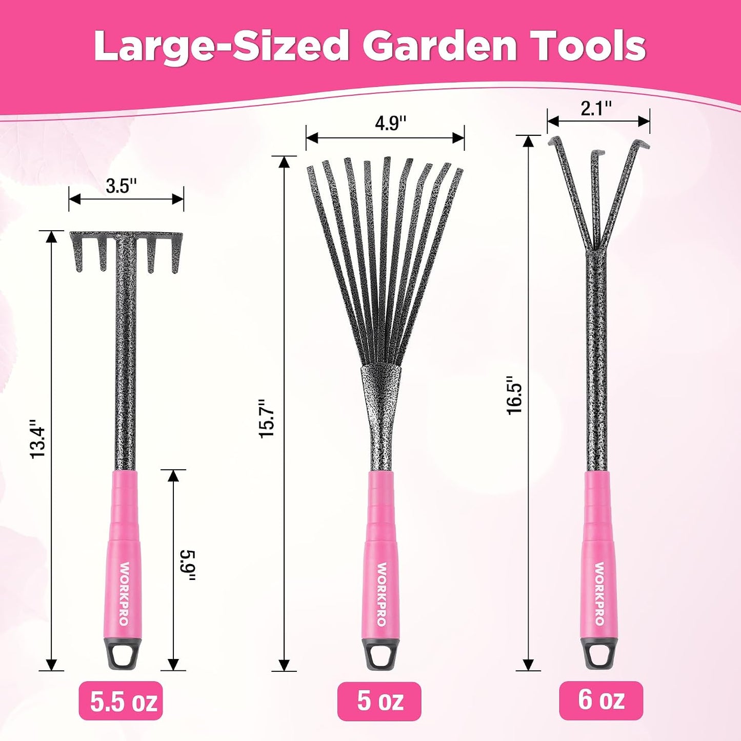 Set 6 herramientas jardín rosa mango goma paleta rastrillo azada 2en1