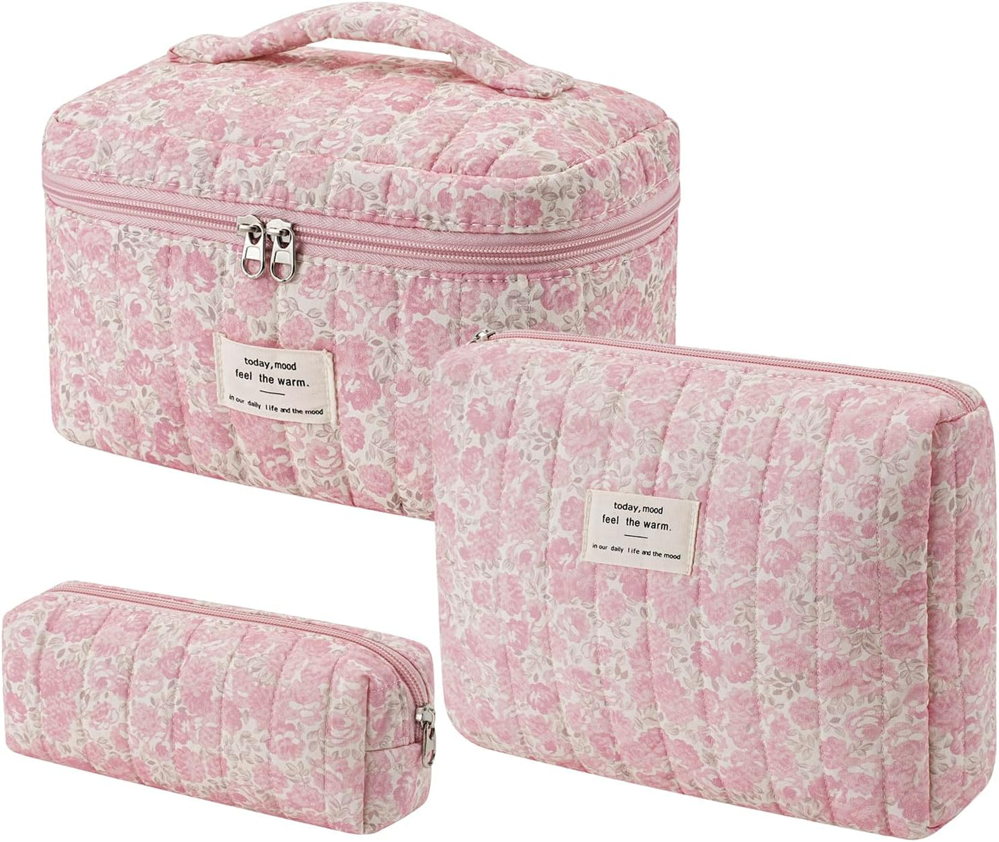 Bolsa maquillaje acolchada algodón floral 3pcs rosa