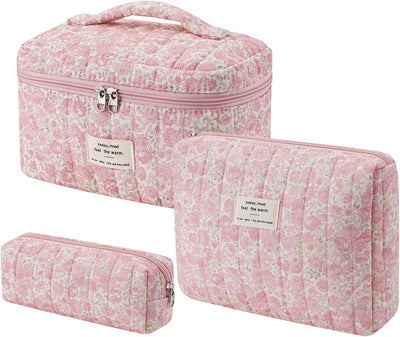 Bolsa maquillaje acolchada algodón floral 3pcs rosa