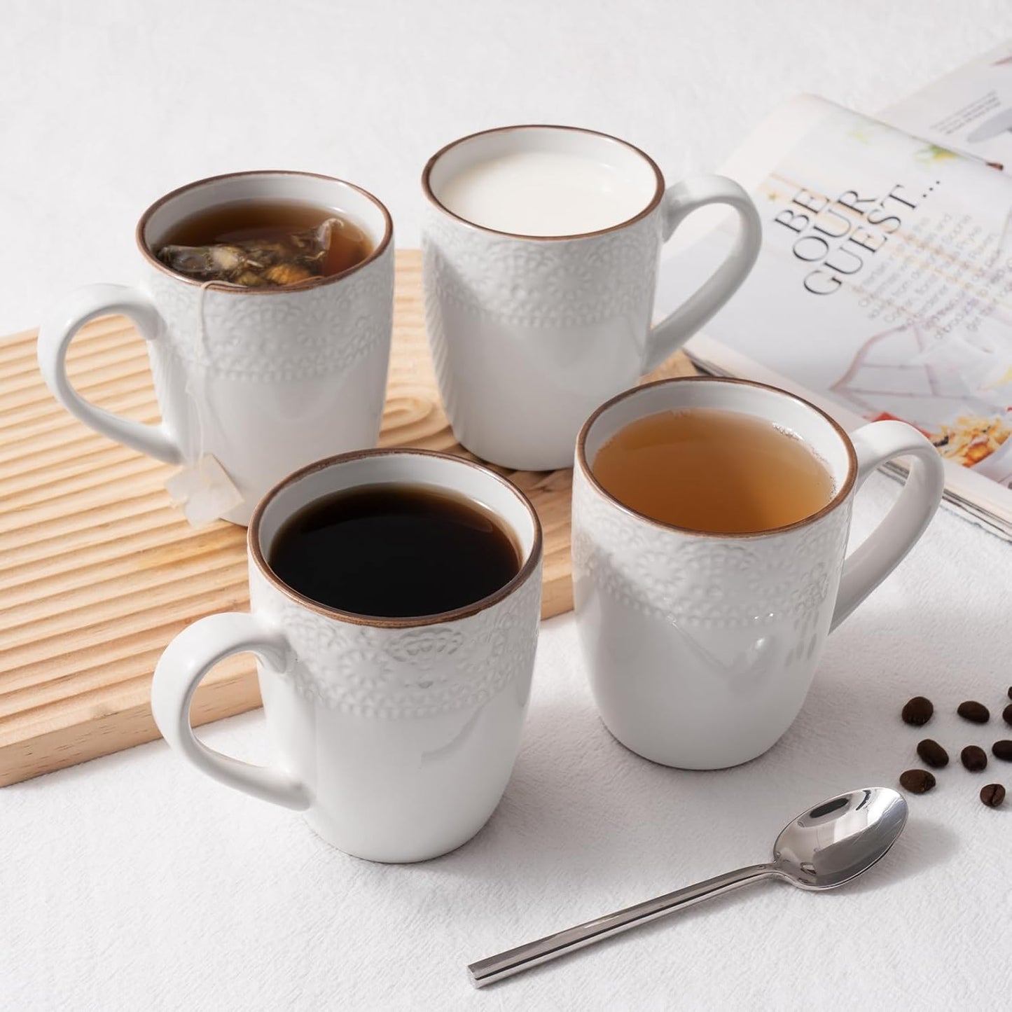 Set 2 Tazas Café Asa 12oz Diseño Floral Blanco