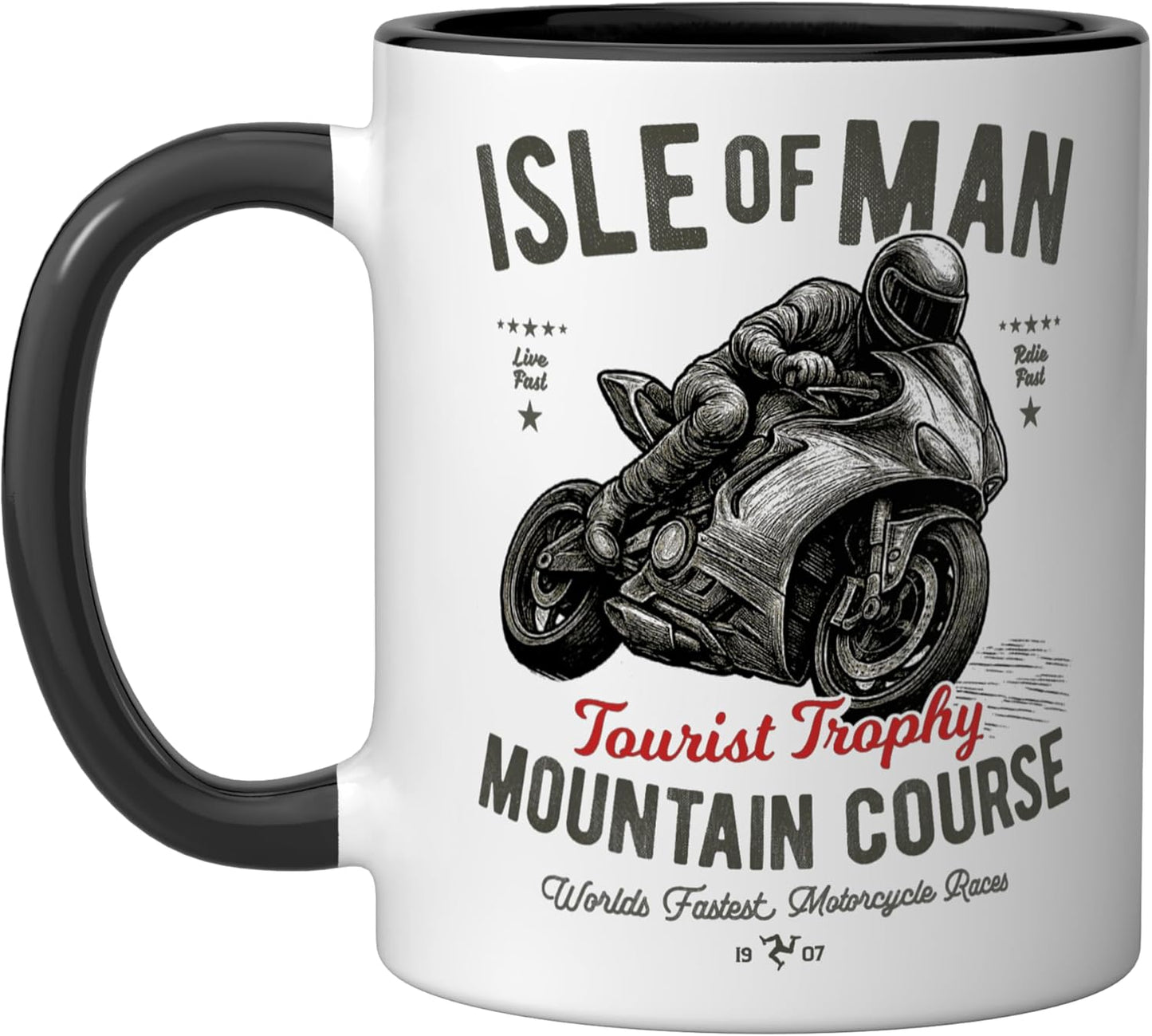 Taza de cerámica retro Isle of Man TT Moto carrera negra y blanca