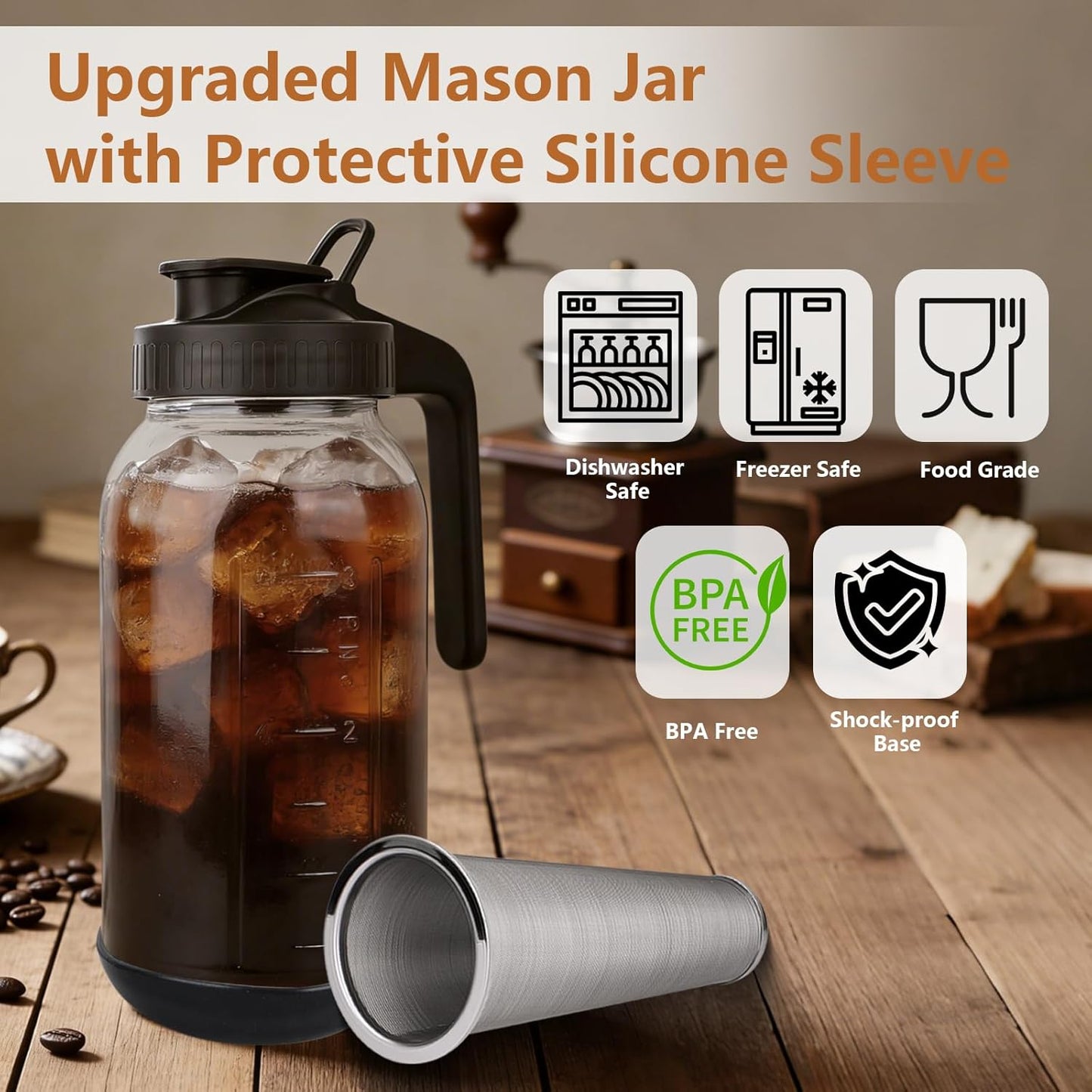 Cafetera frío jarra Mason con filtro de acero inoxidable 64 oz negro