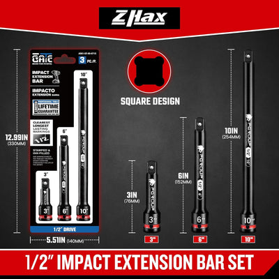 Juego barras extensión impacto 1/2pulg 3-6-10pulg acero cr-mo