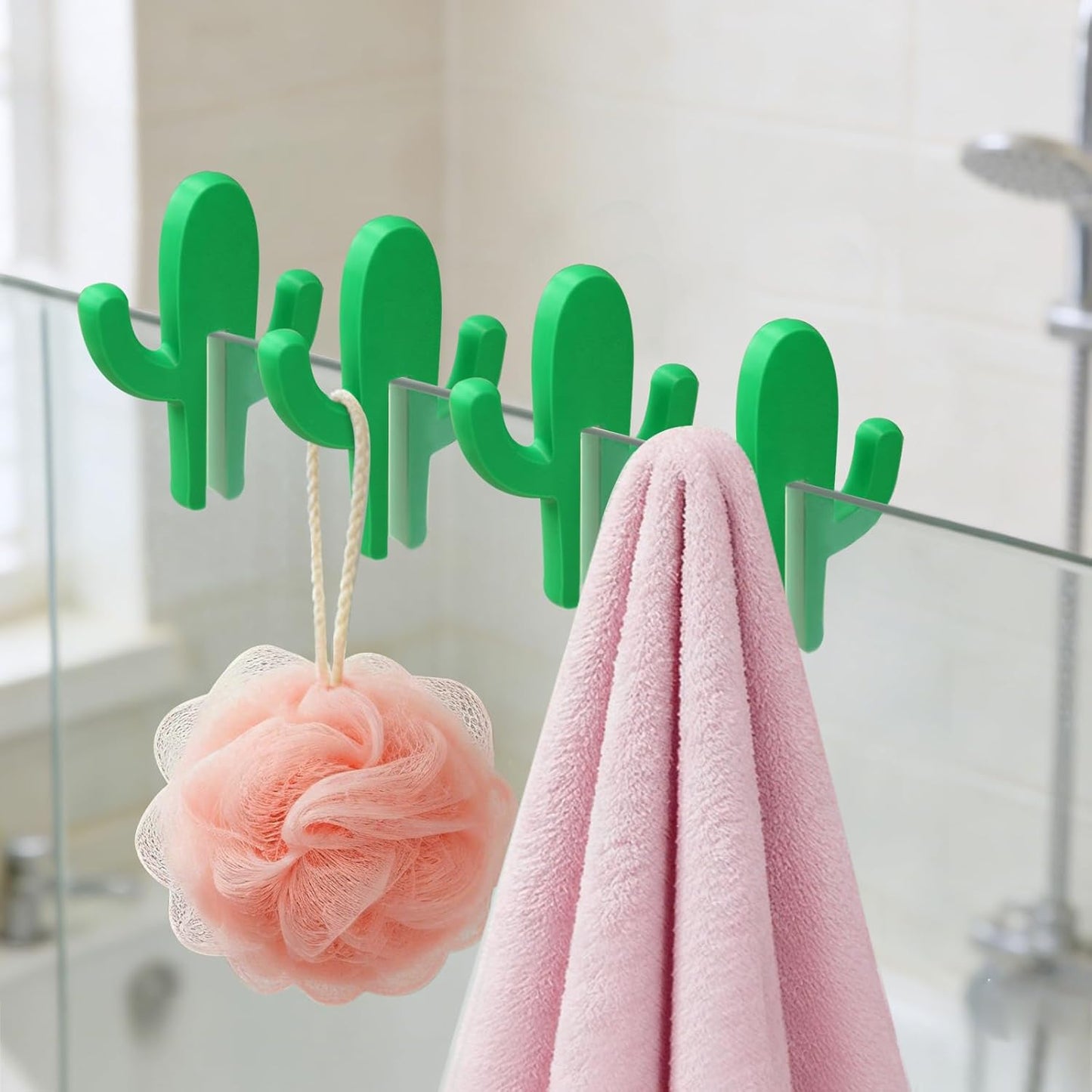 4 Ganchos Cactus Verde para Puerta Ducha Sin Marco