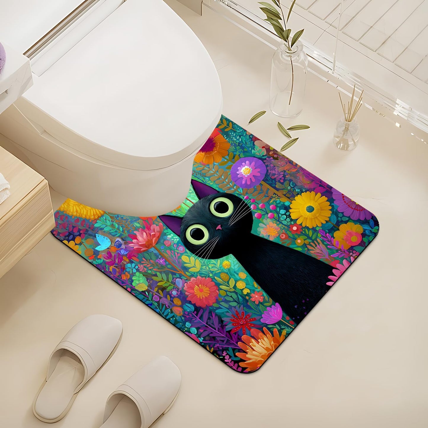 Tapete baño gatos flores forma U 24x20pulg antideslizante negro