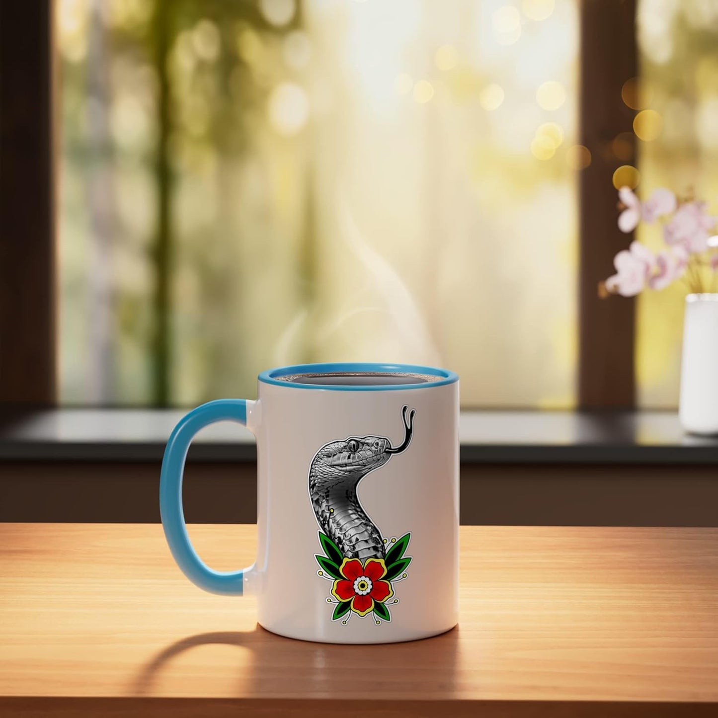 Taza Cerámica Estilo Tatuaje Serpiente Azul/Blanco
