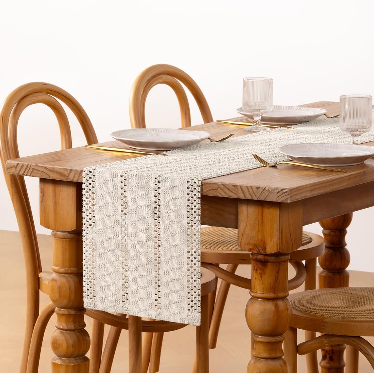 Mantel tejido boho para mesa 36 pulg color ivory algodón lino
