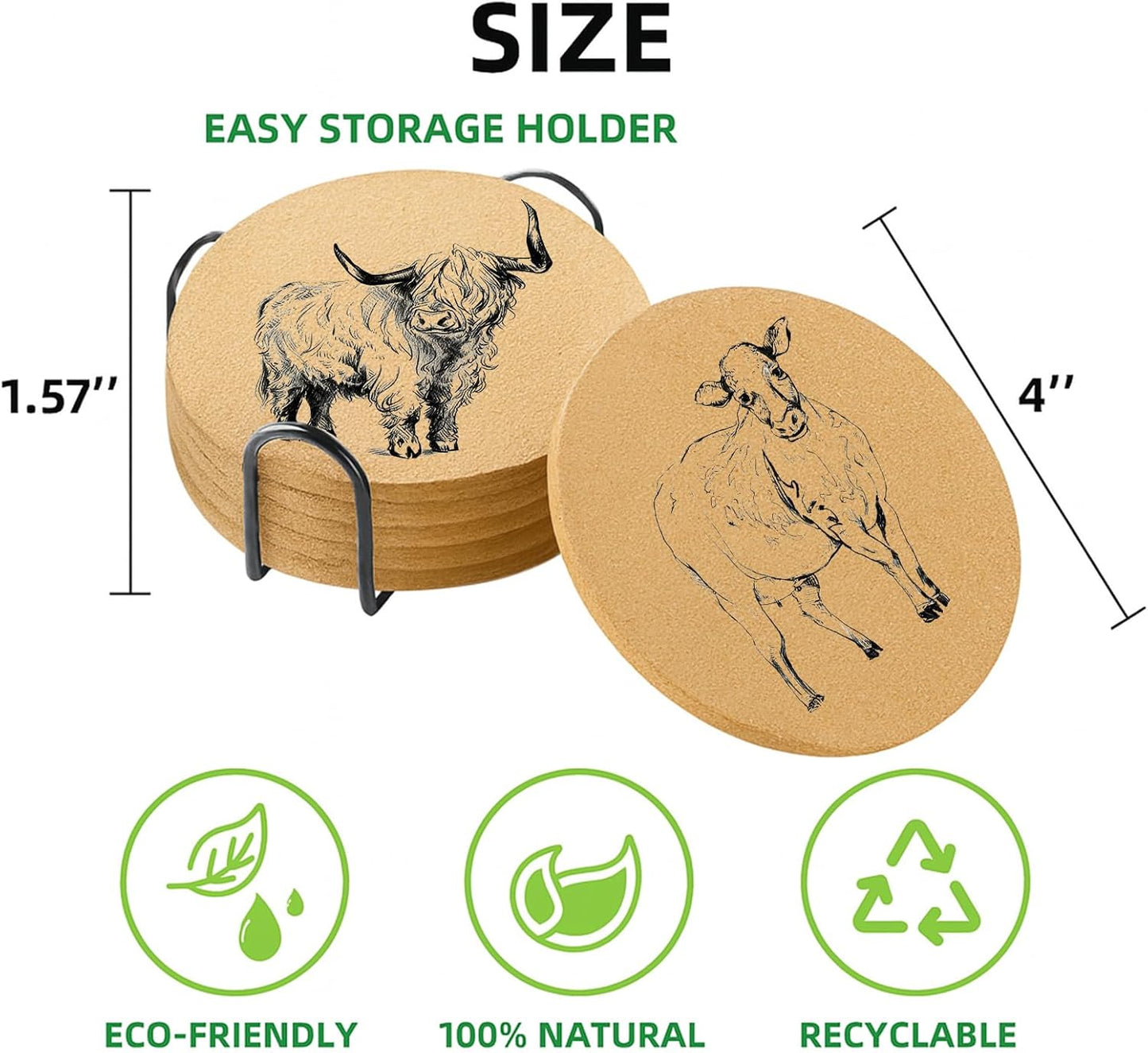 Juego de 6 posavasos de vaca con soporte de corcho absorbente