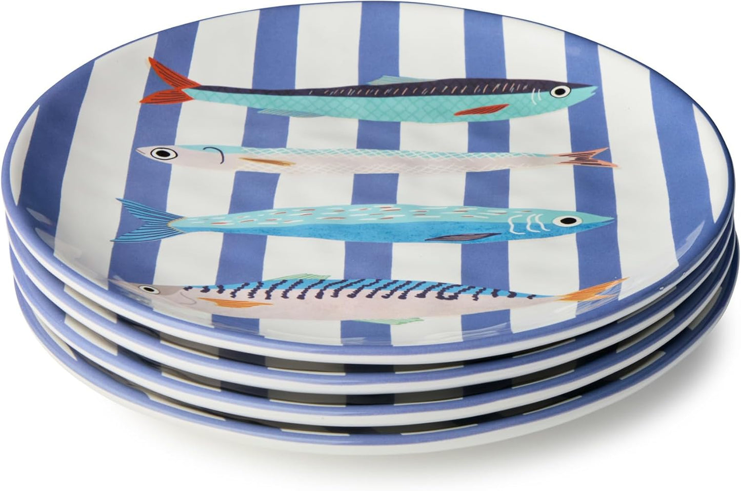 4 Pzas Platos Cerámica Náuticos 11pulg Rayas Azules Arte Pescado