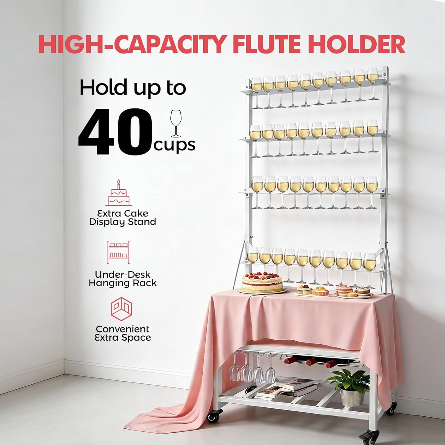 Soporte pared para 4 neumáticos y 40 tazas con ruedas