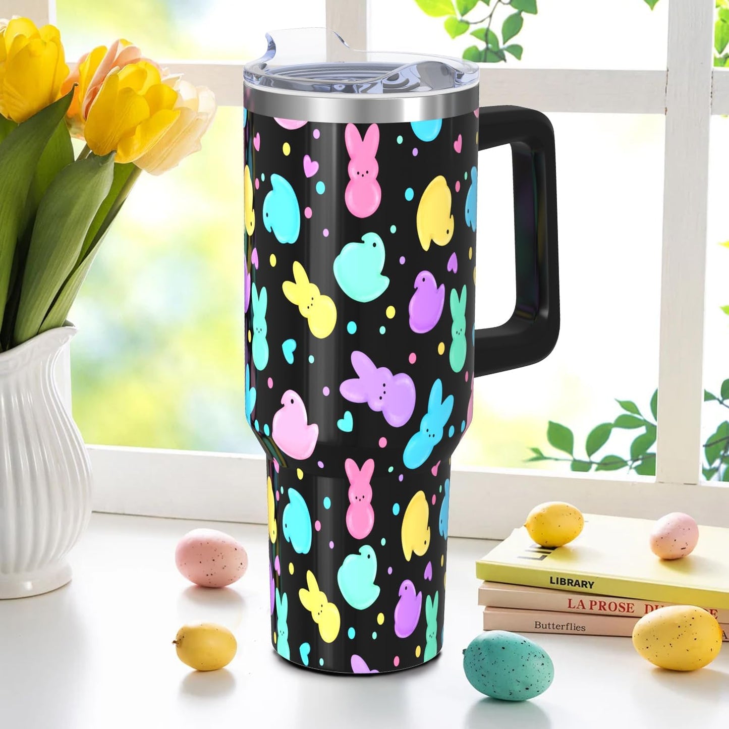 Vaso de Pascua con asa y pajita, botella de agua aislada de acero inoxidable